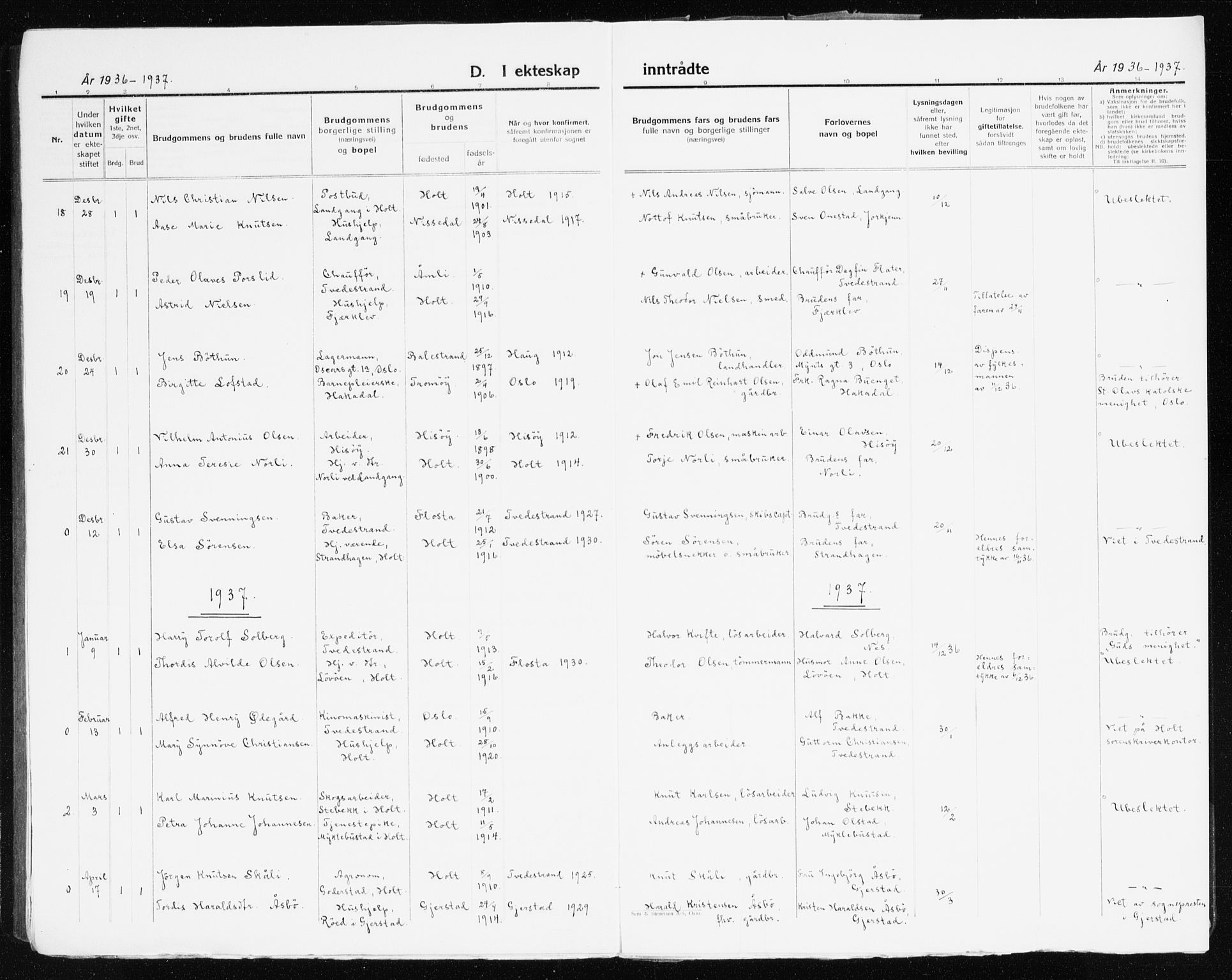 Holt sokneprestkontor, AV/SAK-1111-0021/F/Fb/L0012: Parish register (copy) no. B 12, 1919-1944