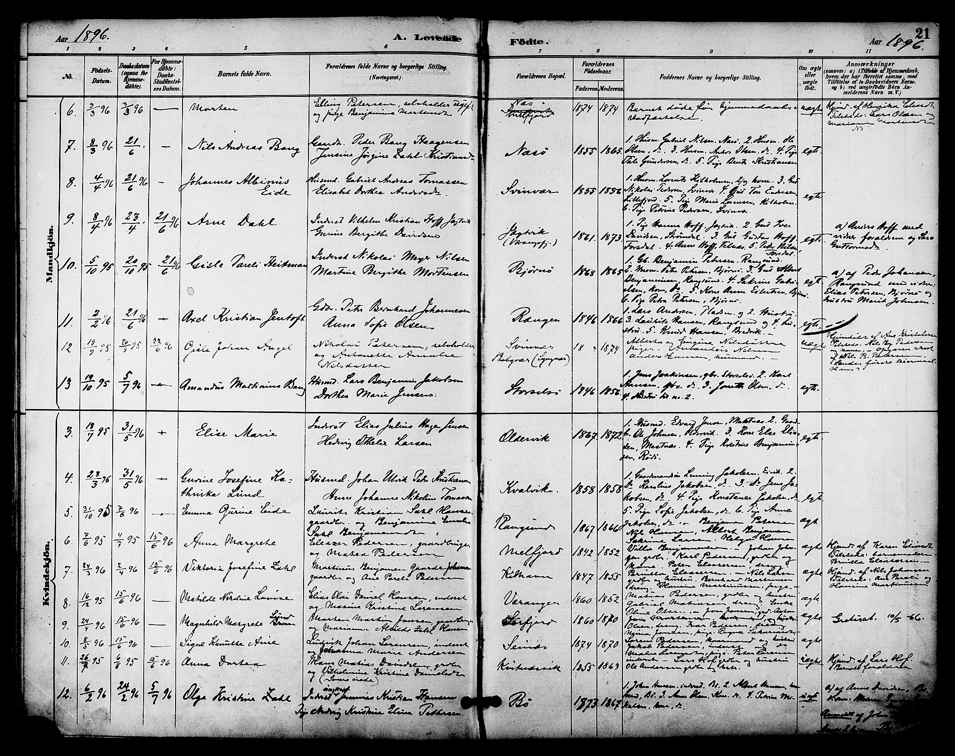 Ministerialprotokoller, klokkerbøker og fødselsregistre - Nordland, SAT/A-1459/841/L0610: Parish register (official) no. 841A14, 1890-1901, p. 21