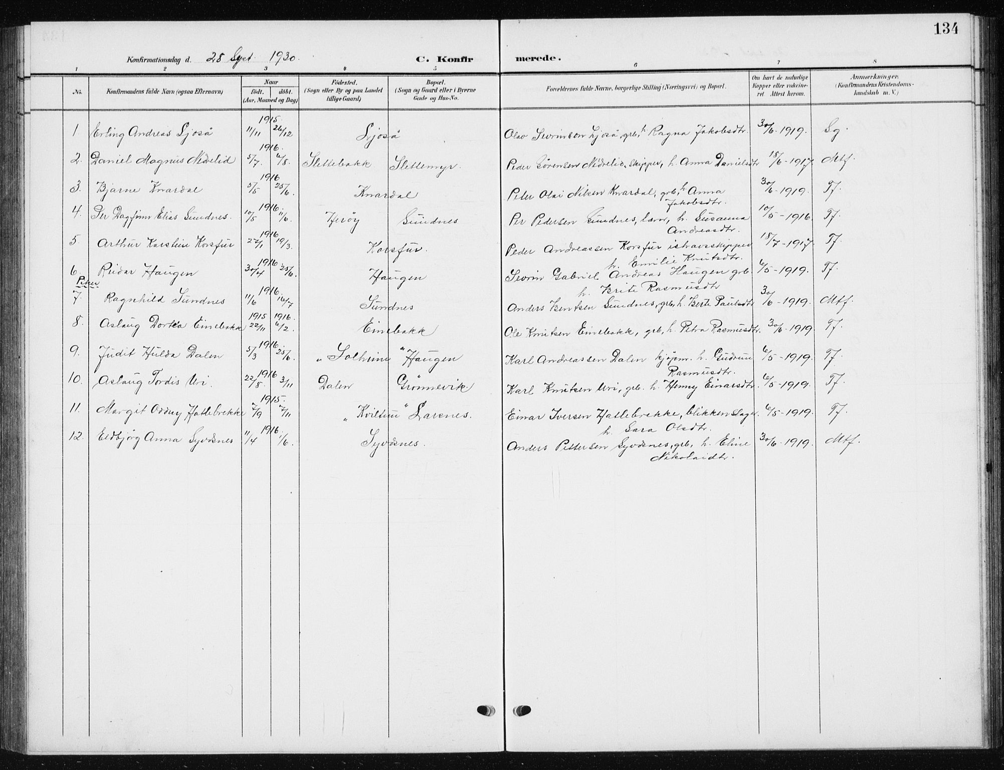 Ministerialprotokoller, klokkerbøker og fødselsregistre - Møre og Romsdal, AV/SAT-A-1454/504/L0061: Parish register (copy) no. 504C03, 1902-1940, p. 134