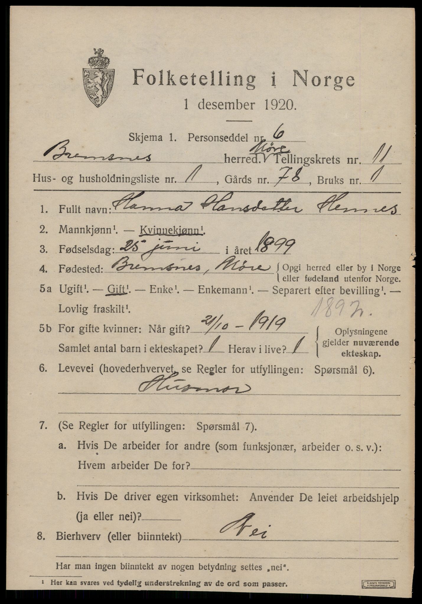 SAT, 1920 census for Bremsnes, 1920, p. 9311