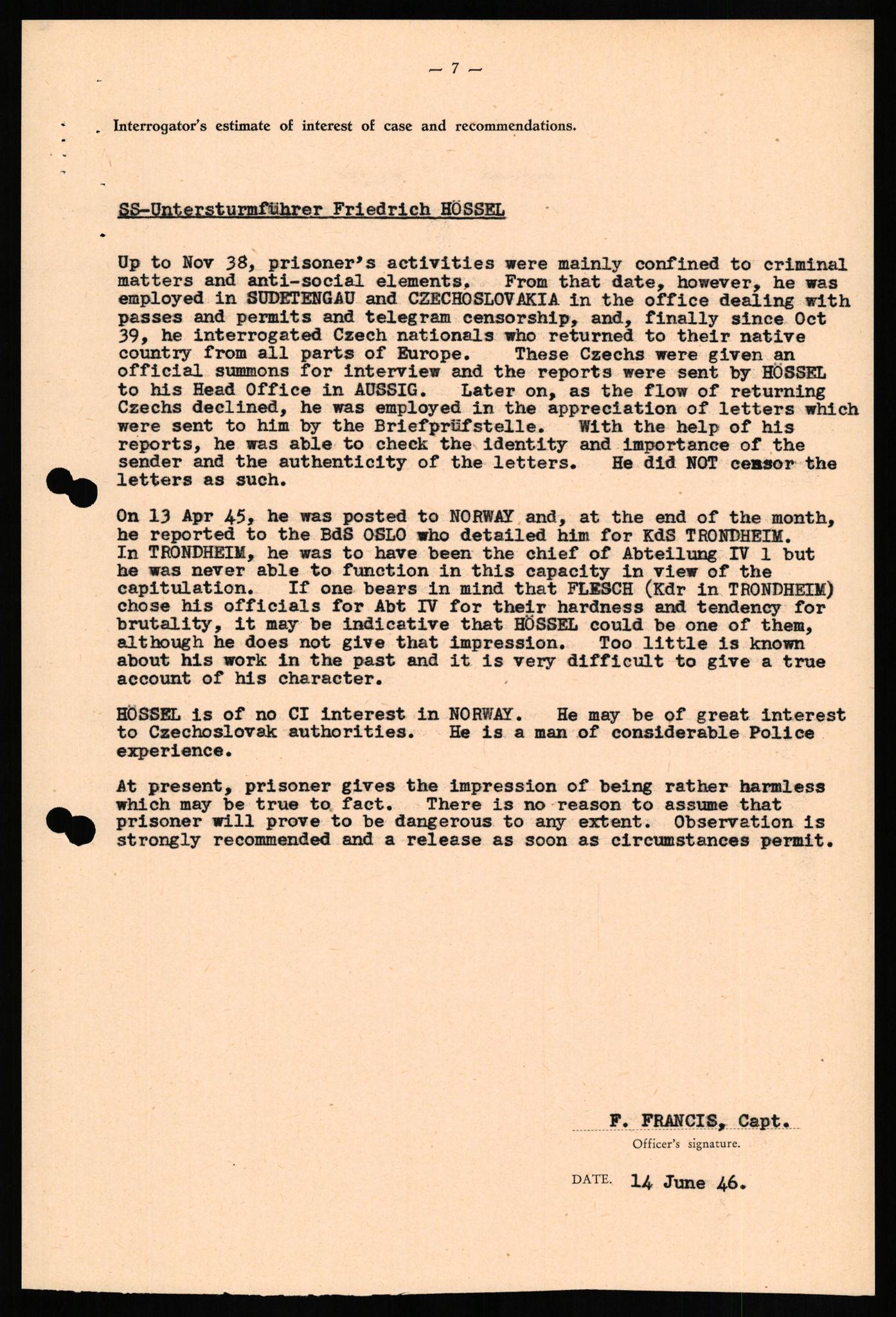 Forsvaret, Forsvarets overkommando II, RA/RAFA-3915/D/Db/L0014: CI Questionaires. Tyske okkupasjonsstyrker i Norge. Tyskere., 1945-1946, p. 336