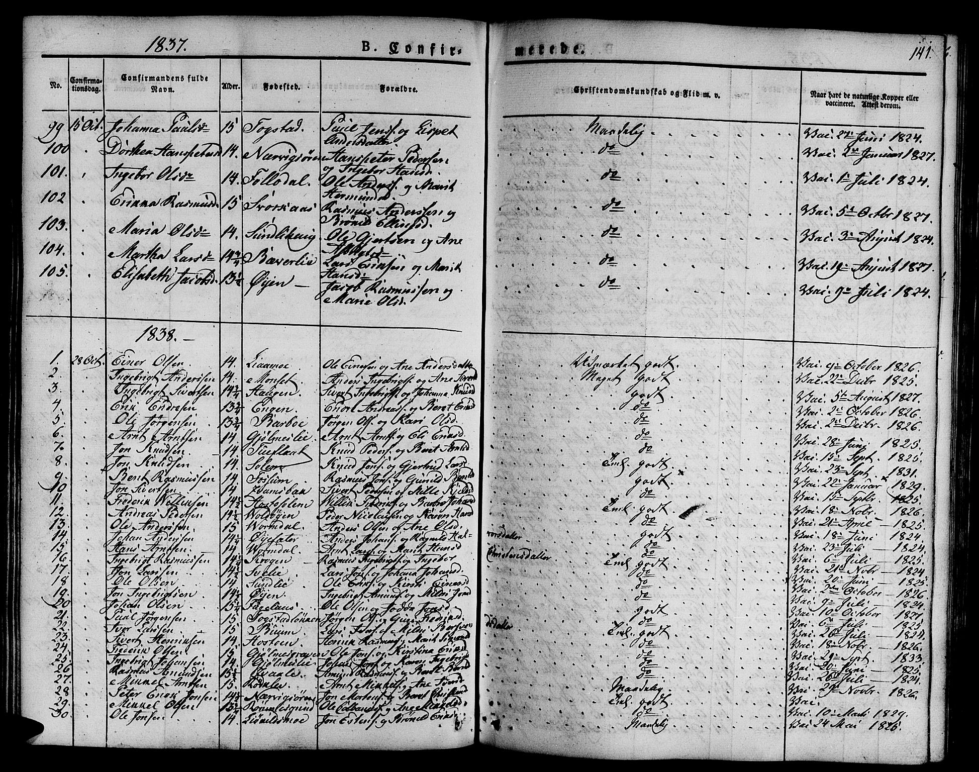 Ministerialprotokoller, klokkerbøker og fødselsregistre - Sør-Trøndelag, SAT/A-1456/668/L0804: Parish register (official) no. 668A04, 1826-1839, p. 141