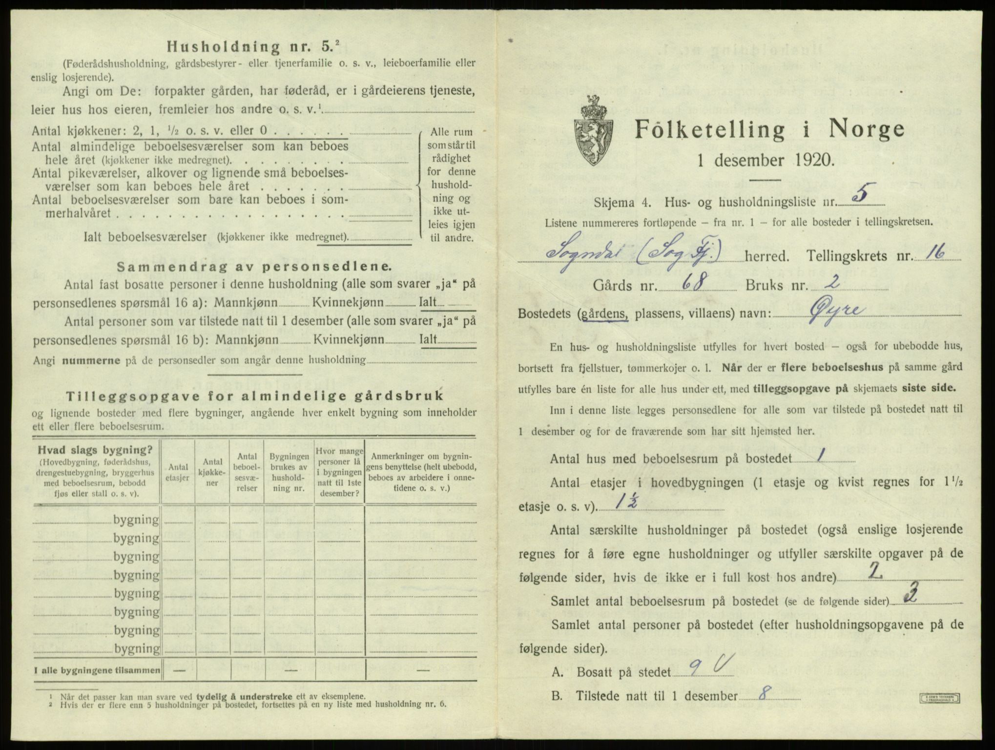 SAB, 1920 census for Sogndal, 1920, p. 862