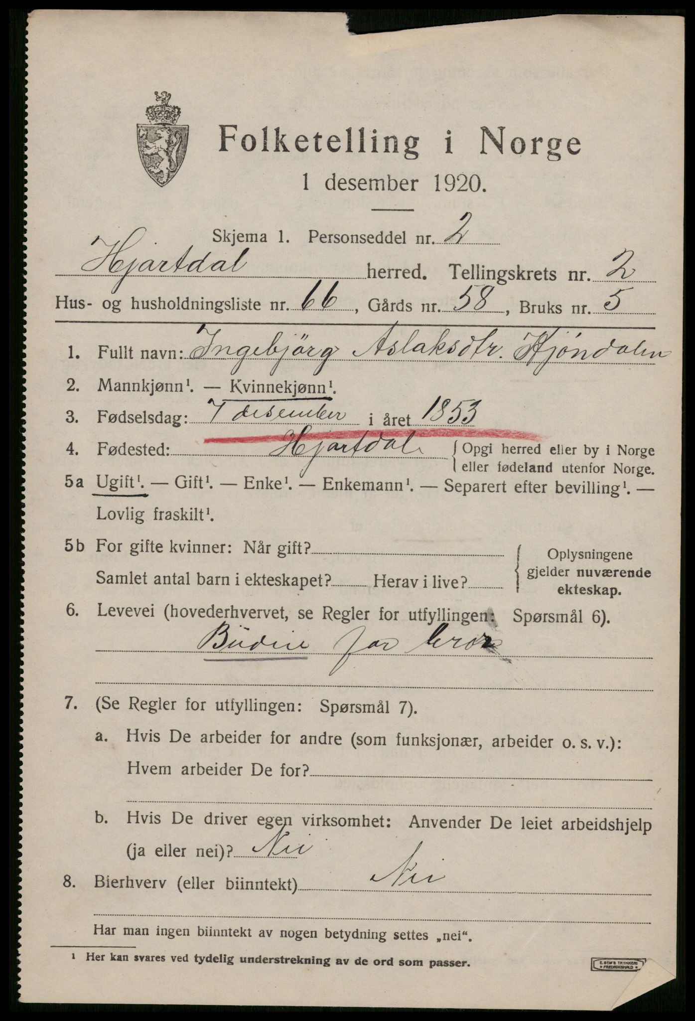 SAKO, 1920 census for Hjartdal, 1920, p. 2518