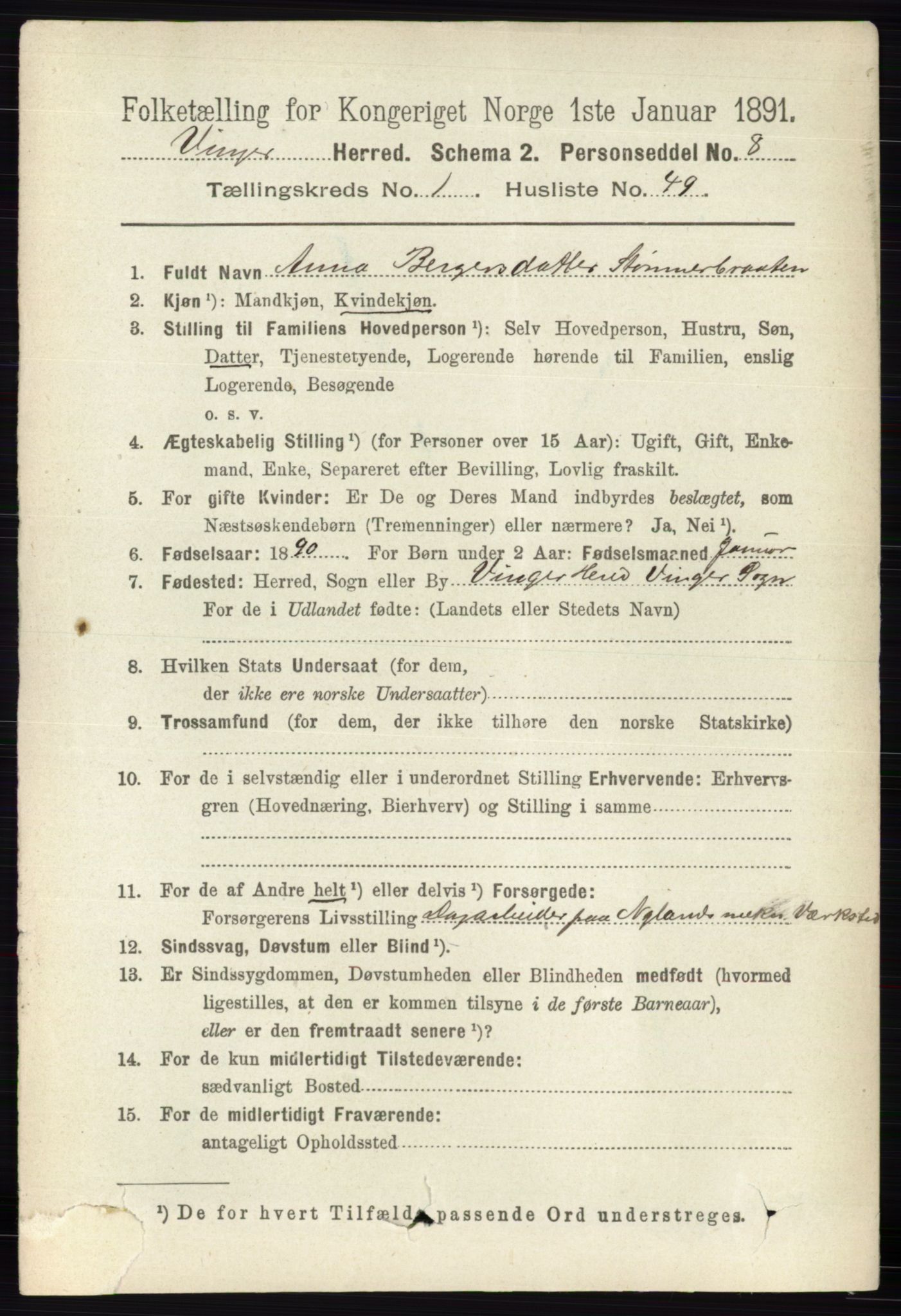 RA, 1891 census for 0421 Vinger, 1891, p. 394