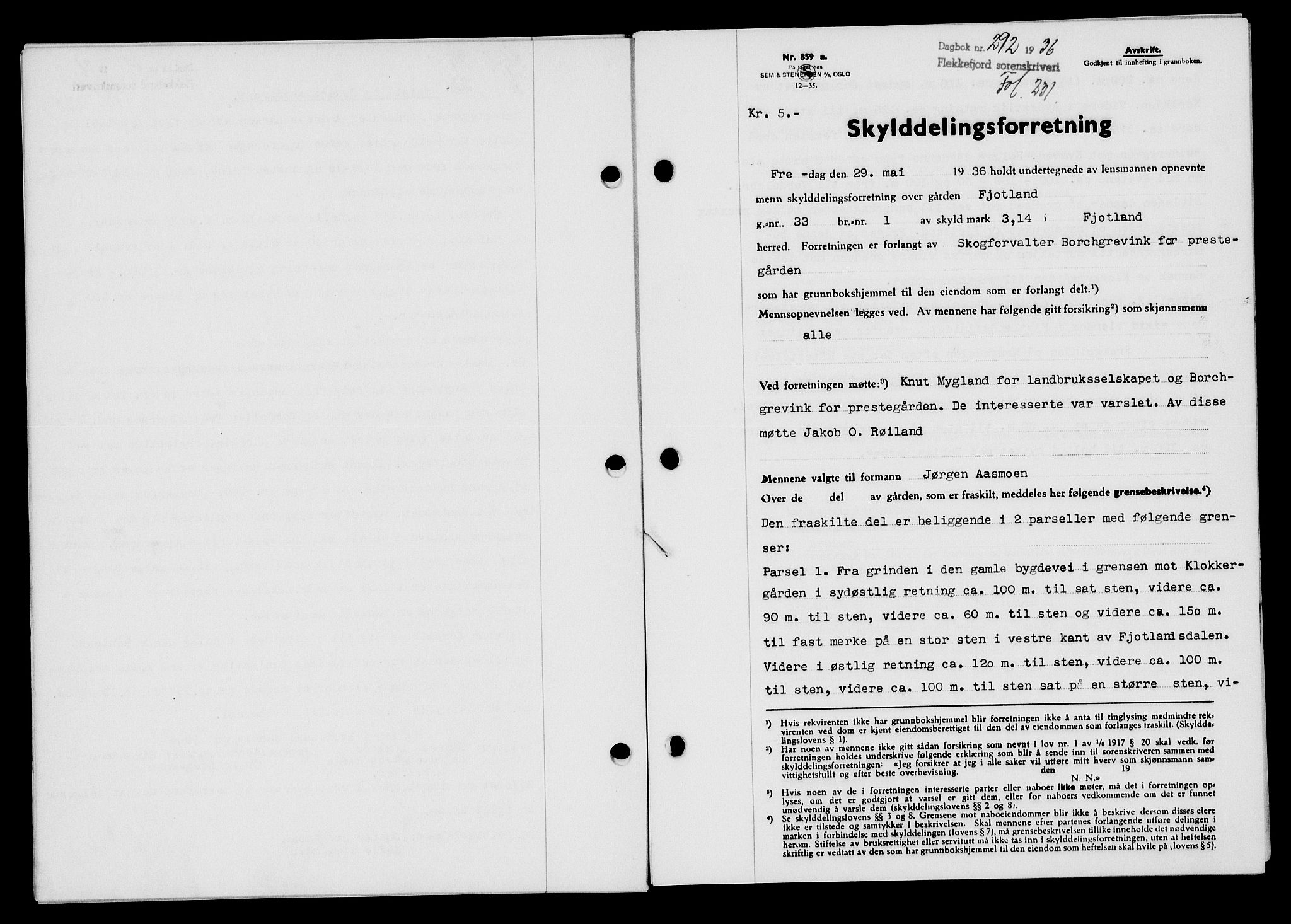 Flekkefjord sorenskriveri, SAK/1221-0001/G/Gb/Gba/L0053: Mortgage book no. A-1, 1936-1937, Diary no: : 292/1936