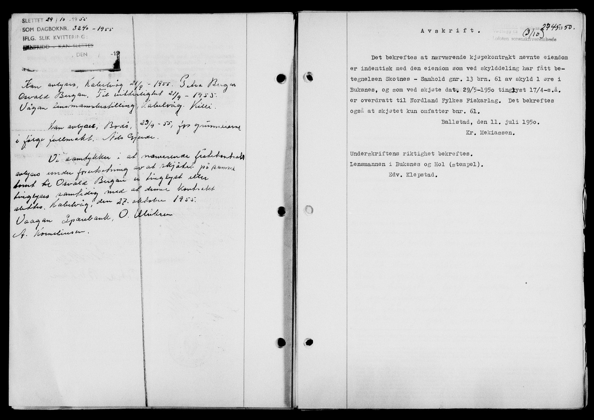 Lofoten sorenskriveri, SAT/A-0017/1/2/2C/L0024a: Mortgage book no. 24a, 1950-1950, Diary no: : 2745/1950