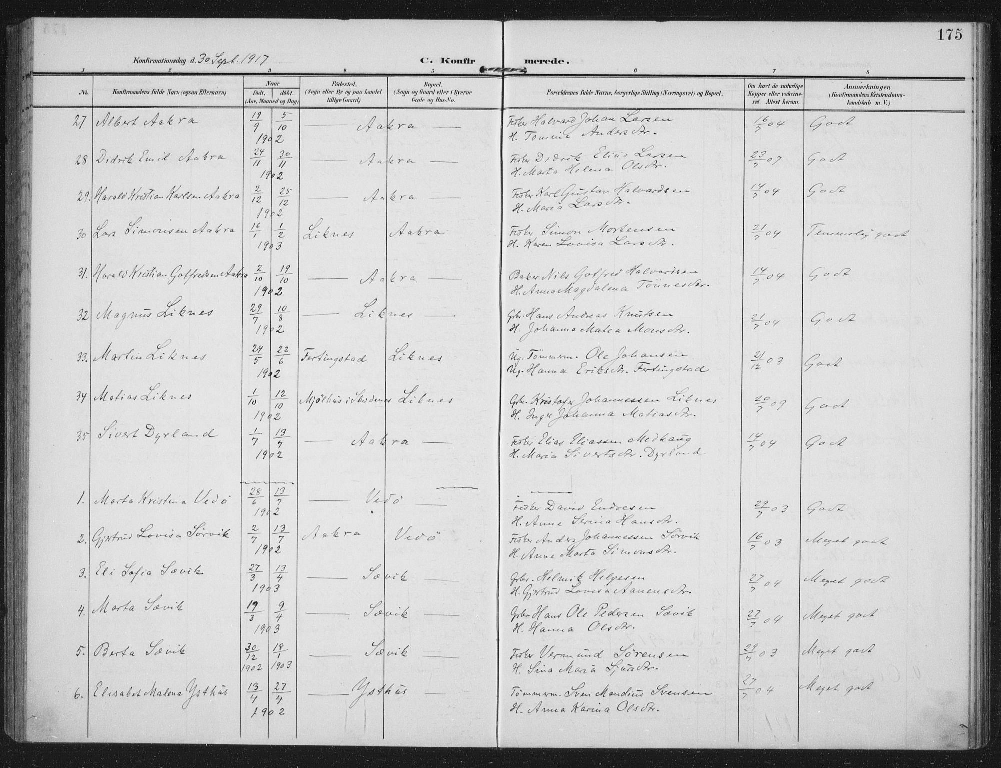 Kopervik sokneprestkontor, AV/SAST-A-101850/H/Ha/Haa/L0005: Parish register (official) no. A 5, 1906-1924, p. 175