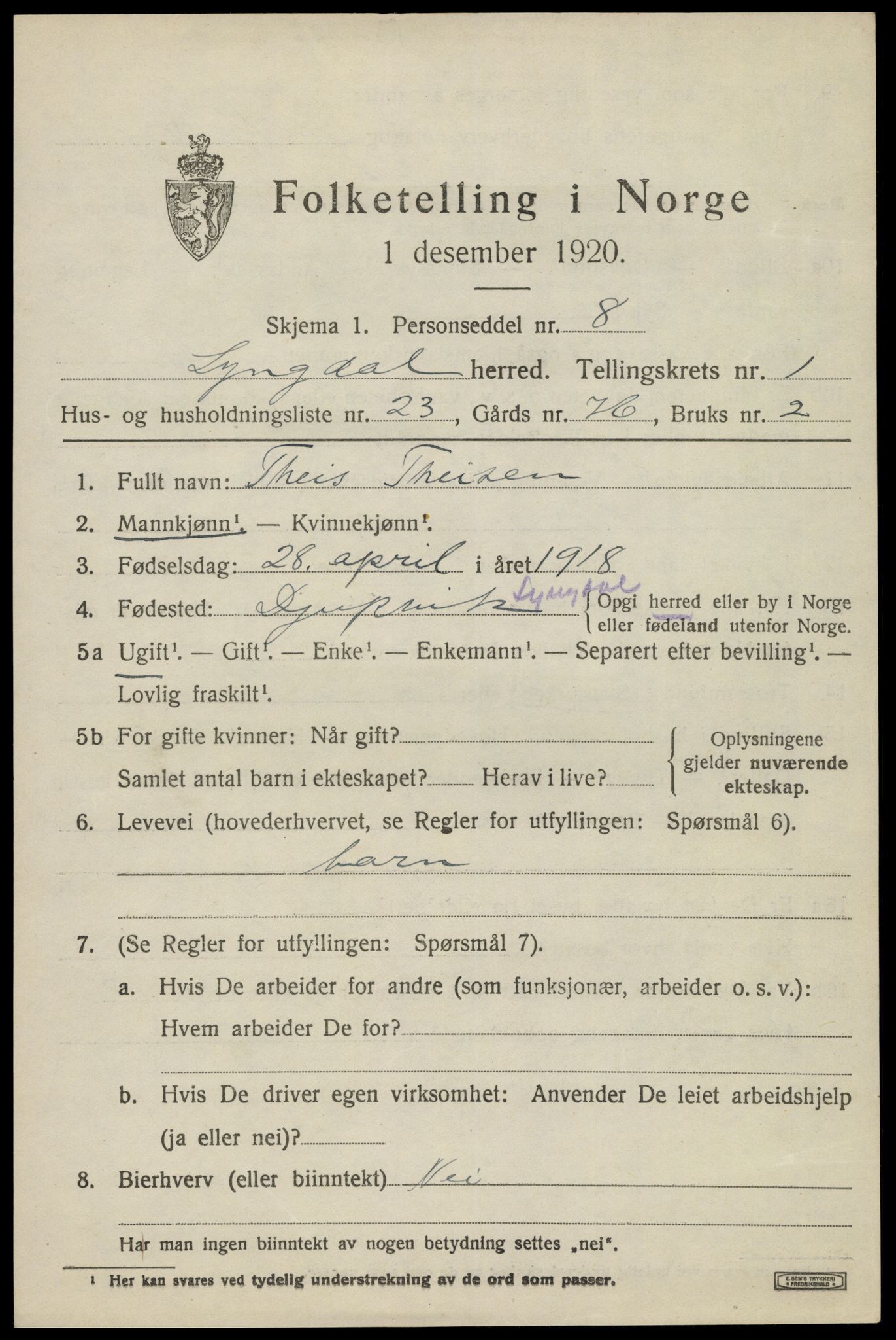 SAK, 1920 census for Lyngdal, 1920, p. 1567