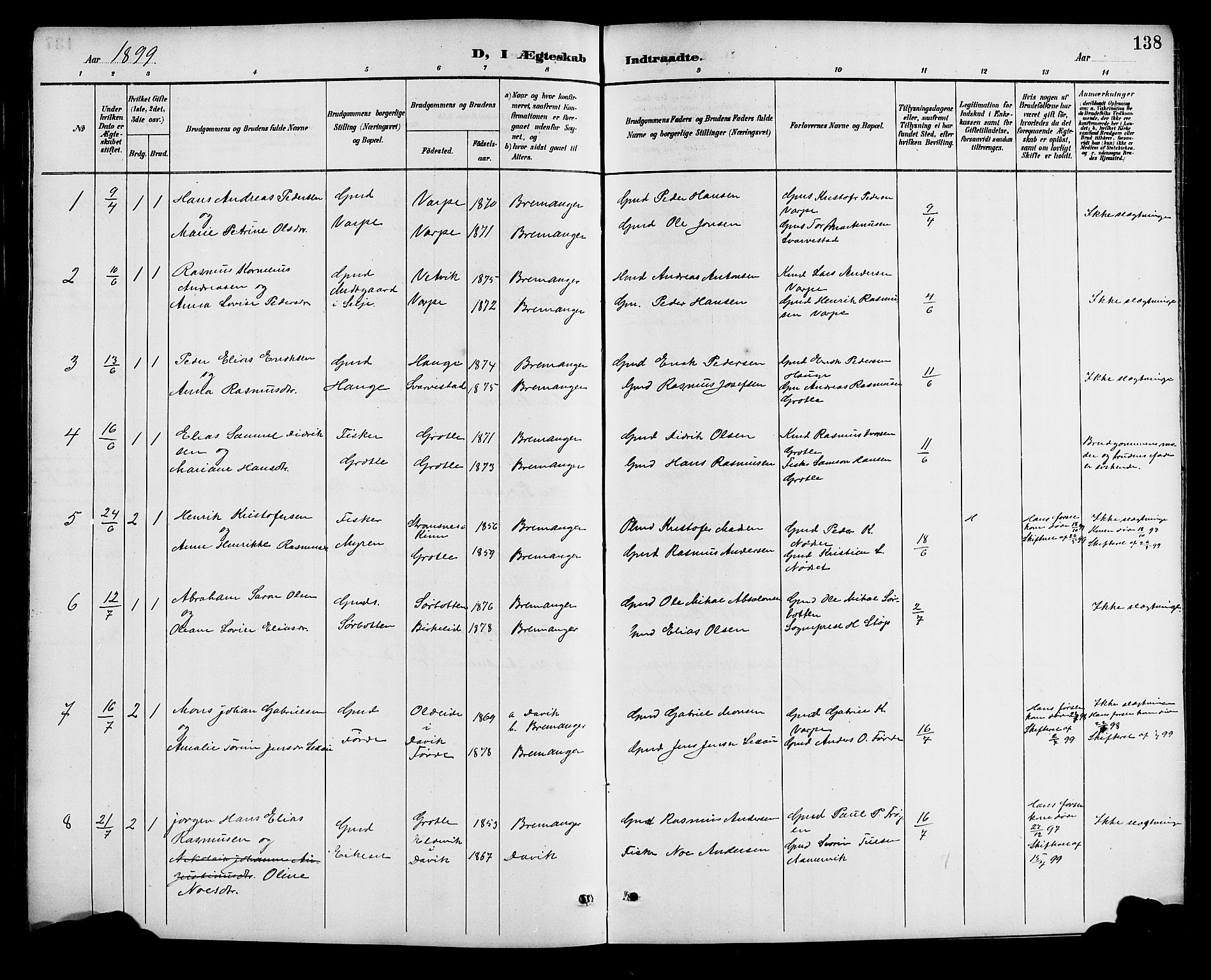 Bremanger sokneprestembete, SAB/A-82201/H/Hab/Haba/L0003: Parish register (copy) no. A 3, 1890-1908, p. 138
