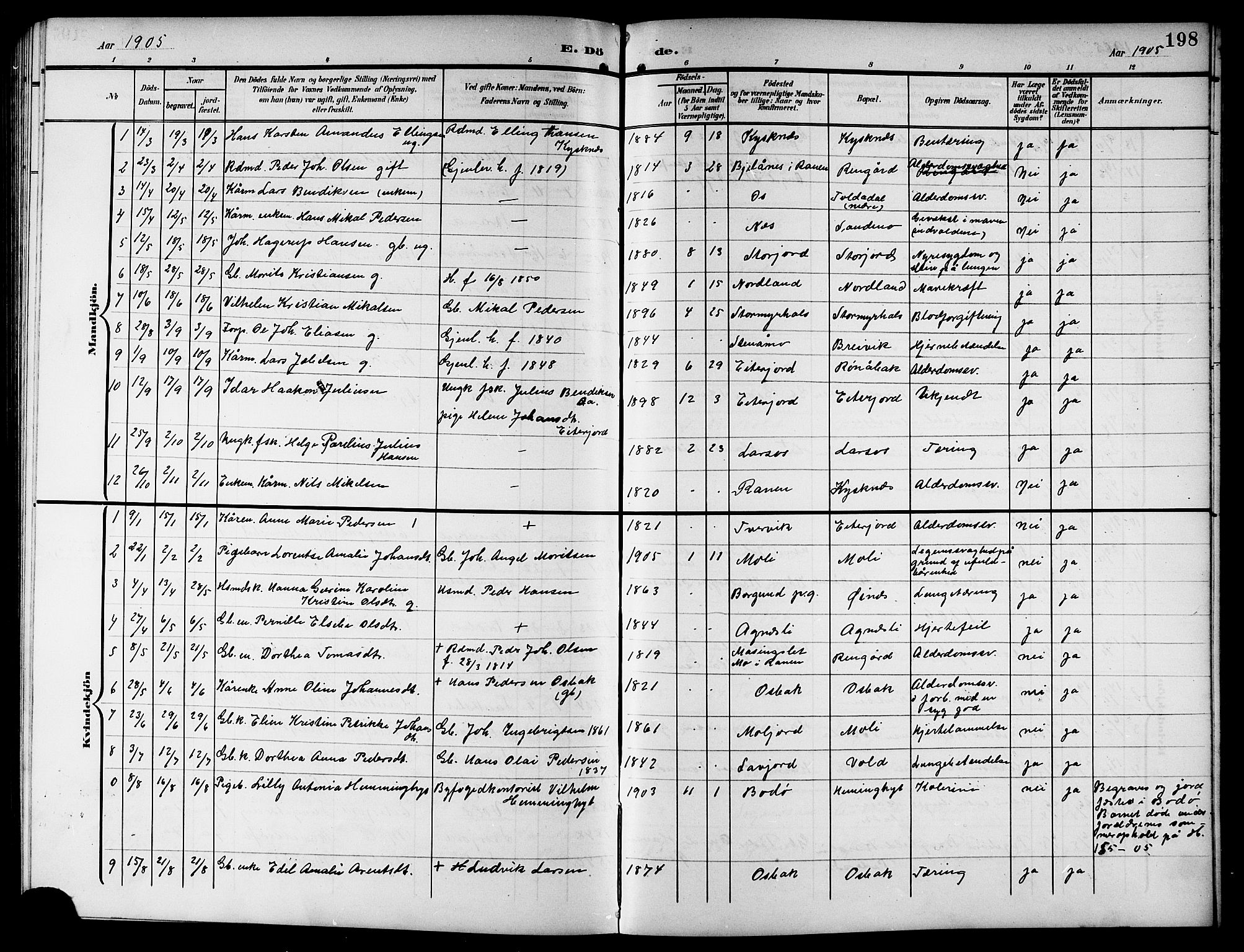Ministerialprotokoller, klokkerbøker og fødselsregistre - Nordland, SAT/A-1459/846/L0655: Parish register (copy) no. 846C05, 1902-1916, p. 198
