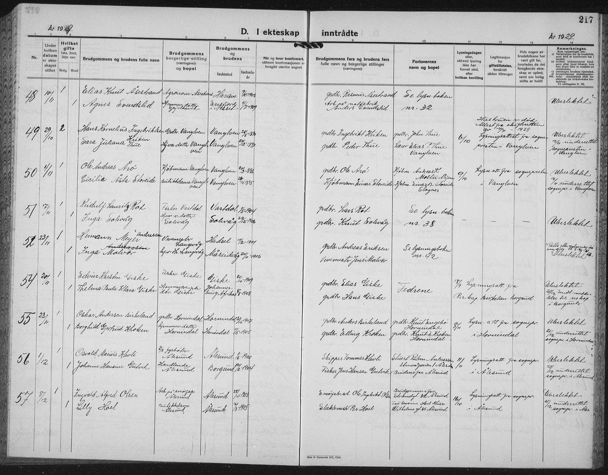 Ministerialprotokoller, klokkerbøker og fødselsregistre - Møre og Romsdal, AV/SAT-A-1454/528/L0436: Parish register (copy) no. 528C17, 1927-1939, p. 217