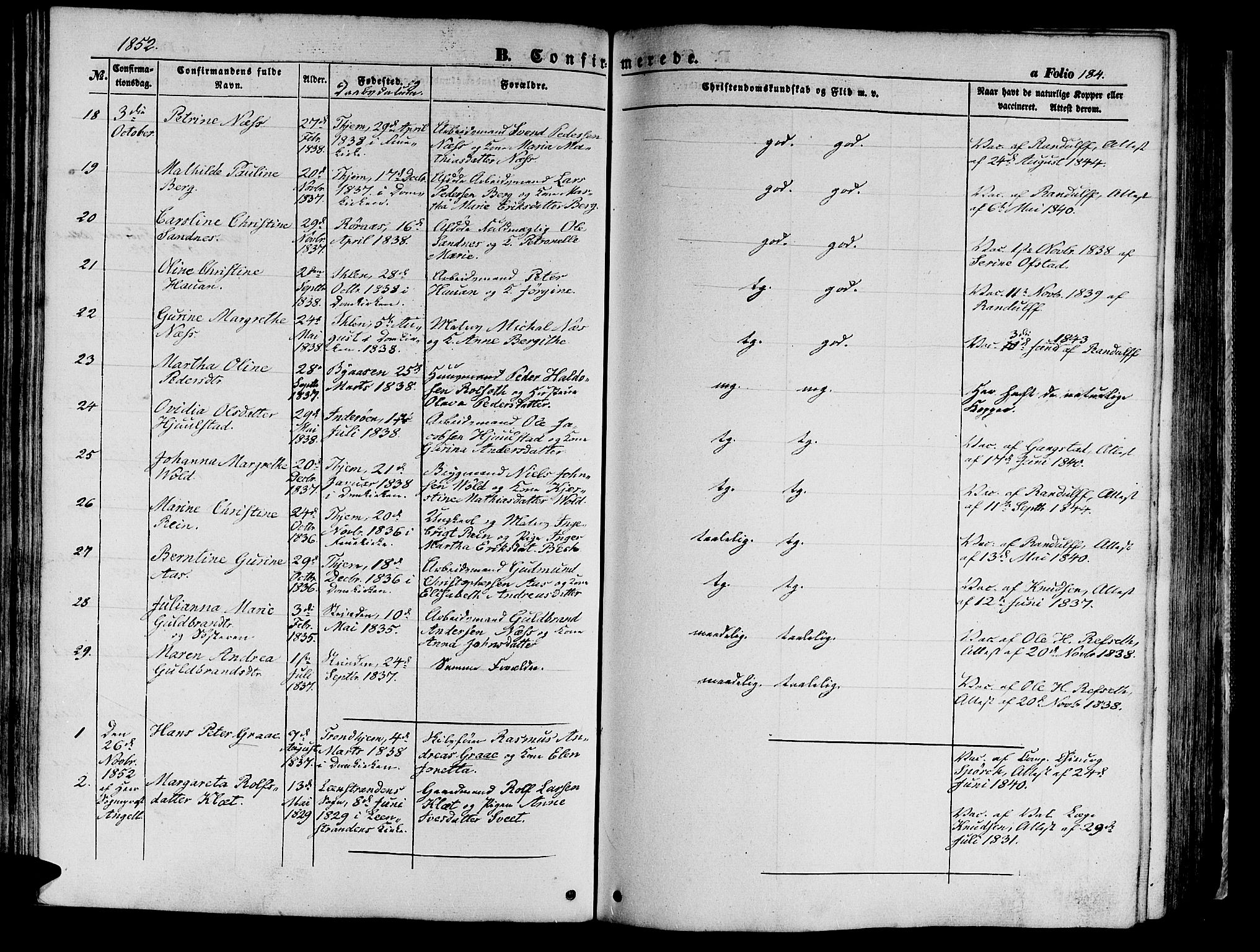Ministerialprotokoller, klokkerbøker og fødselsregistre - Sør-Trøndelag, SAT/A-1456/602/L0137: Parish register (copy) no. 602C05, 1846-1856, p. 184