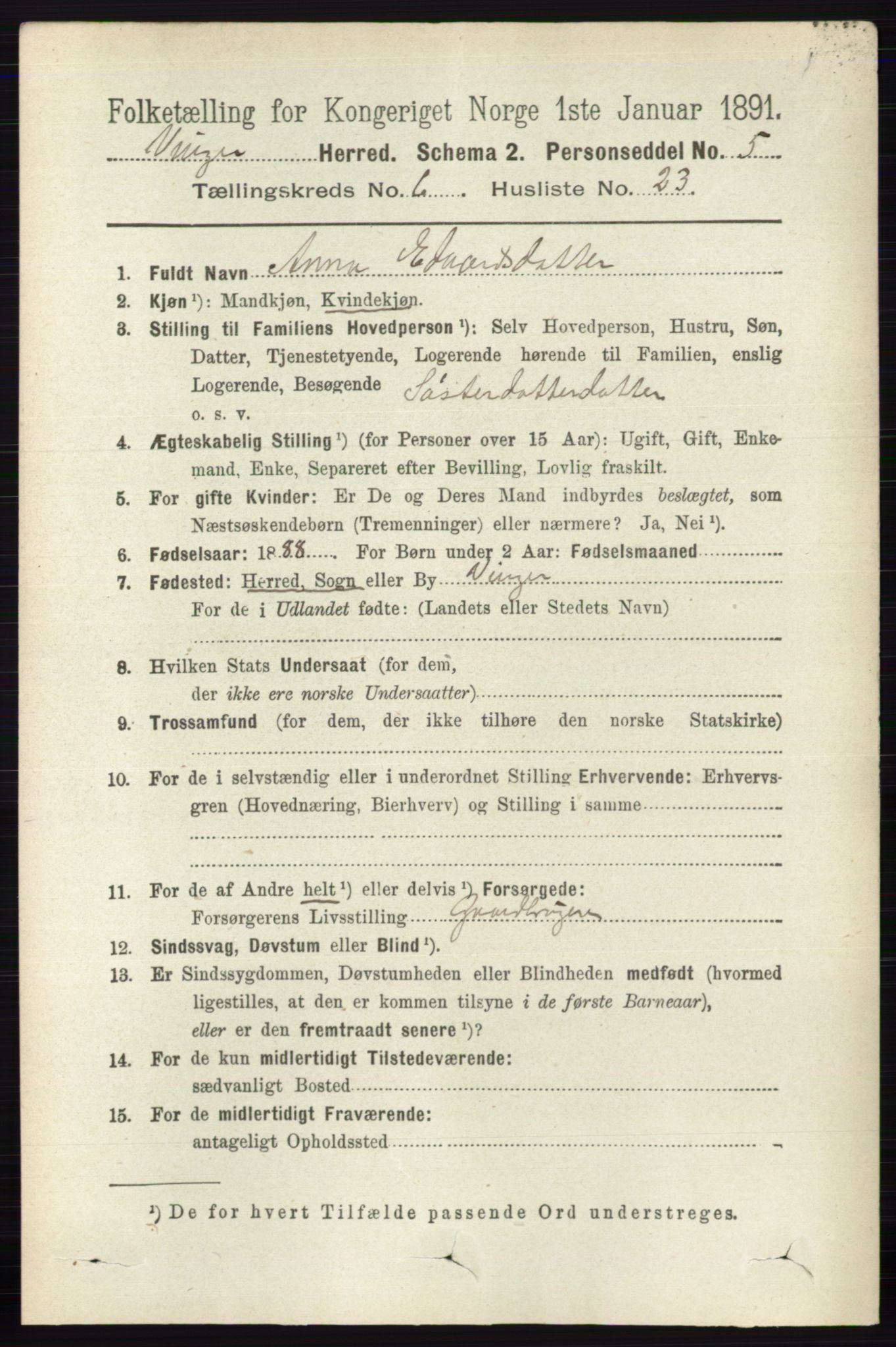 RA, 1891 census for 0421 Vinger, 1891, p. 2748