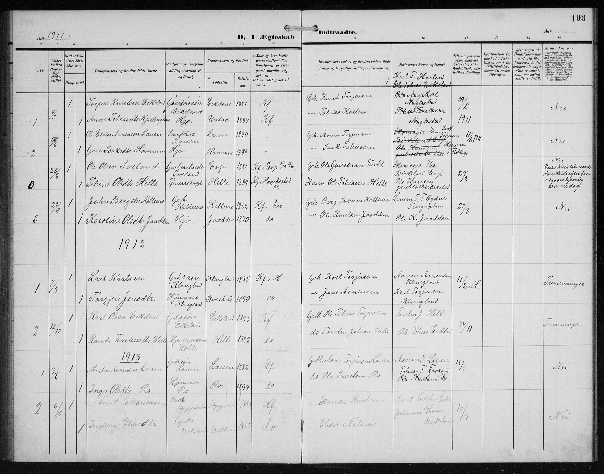 Hægebostad sokneprestkontor, SAK/1111-0024/F/Fb/Fba/L0005: Parish register (copy) no. B 5, 1907-1931, p. 103