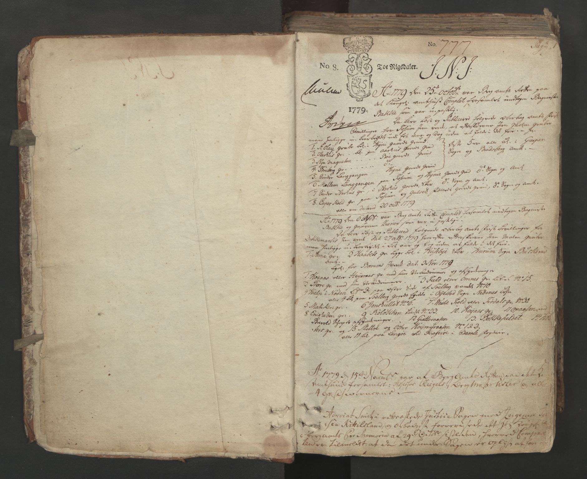 Sønnafjelske bergamt , SAKO/EA-5262/G/Ga/L0009: Domsprotokoll, 1779-1807, p. 0-1