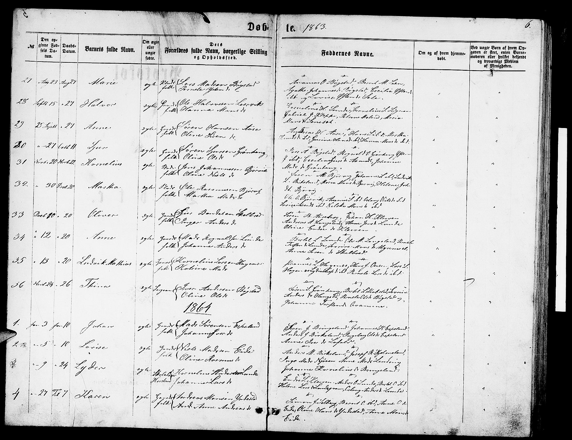 Gaular sokneprestembete, SAB/A-80001/H/Hab: Parish register (copy) no. B 2, 1863-1881, p. 6