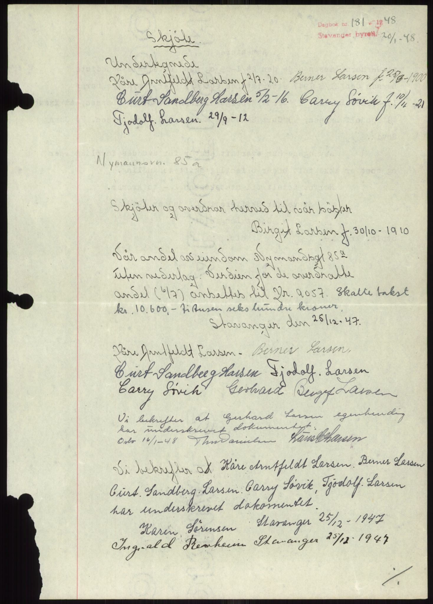 Stavanger byrett, SAST/A-100455/002/G/Gb/L0033: Mortgage book, 1936-1950, Diary no: : 181/1948