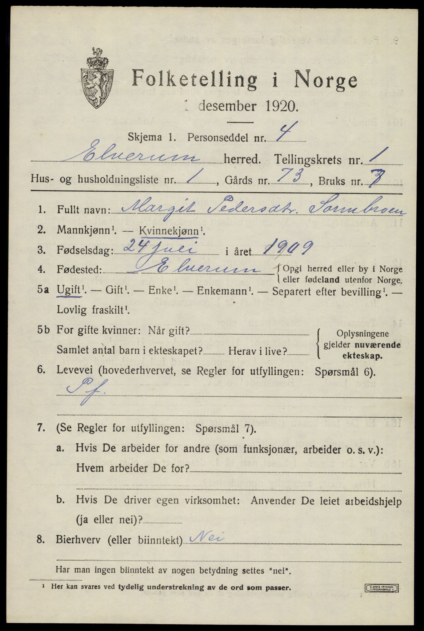 SAH, 1920 census for Elverum, 1920, p. 3782