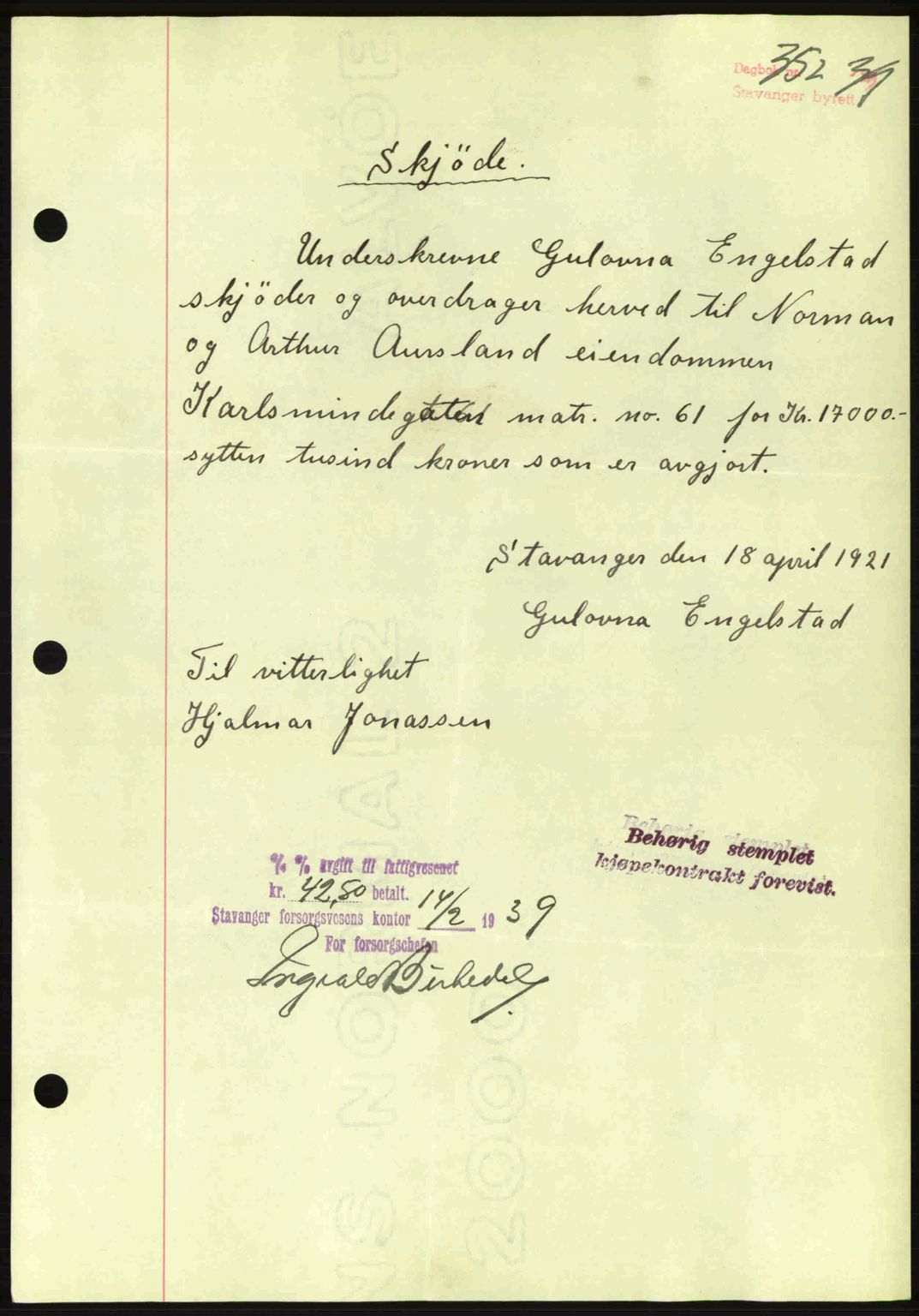 Stavanger byrett, SAST/A-100455/002/G/Gb/L0014: Mortgage book no. A4, 1938-1939, Diary no: : 352/1939