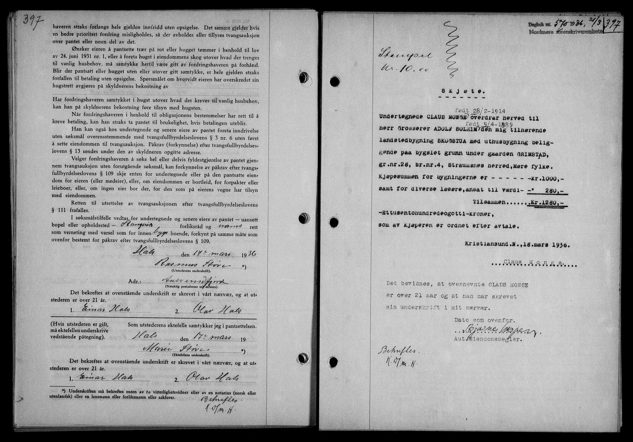 Nordmøre sorenskriveri, AV/SAT-A-4132/1/2/2Ca/L0087: Mortgage book no. 77, 1935-1936, Deed date: 21.03.1936