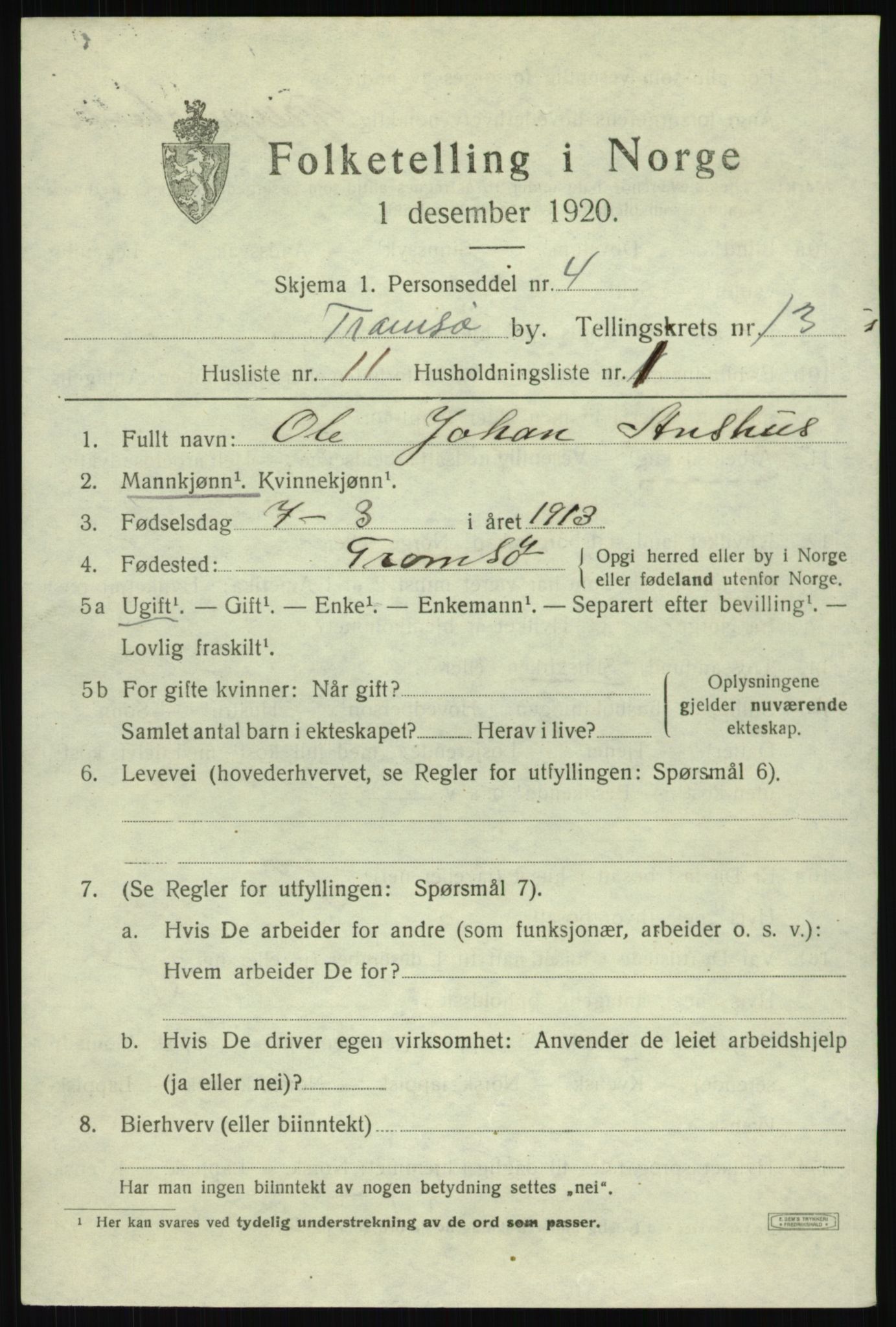 SATØ, 1920 census for Tromsø, 1920, p. 25153