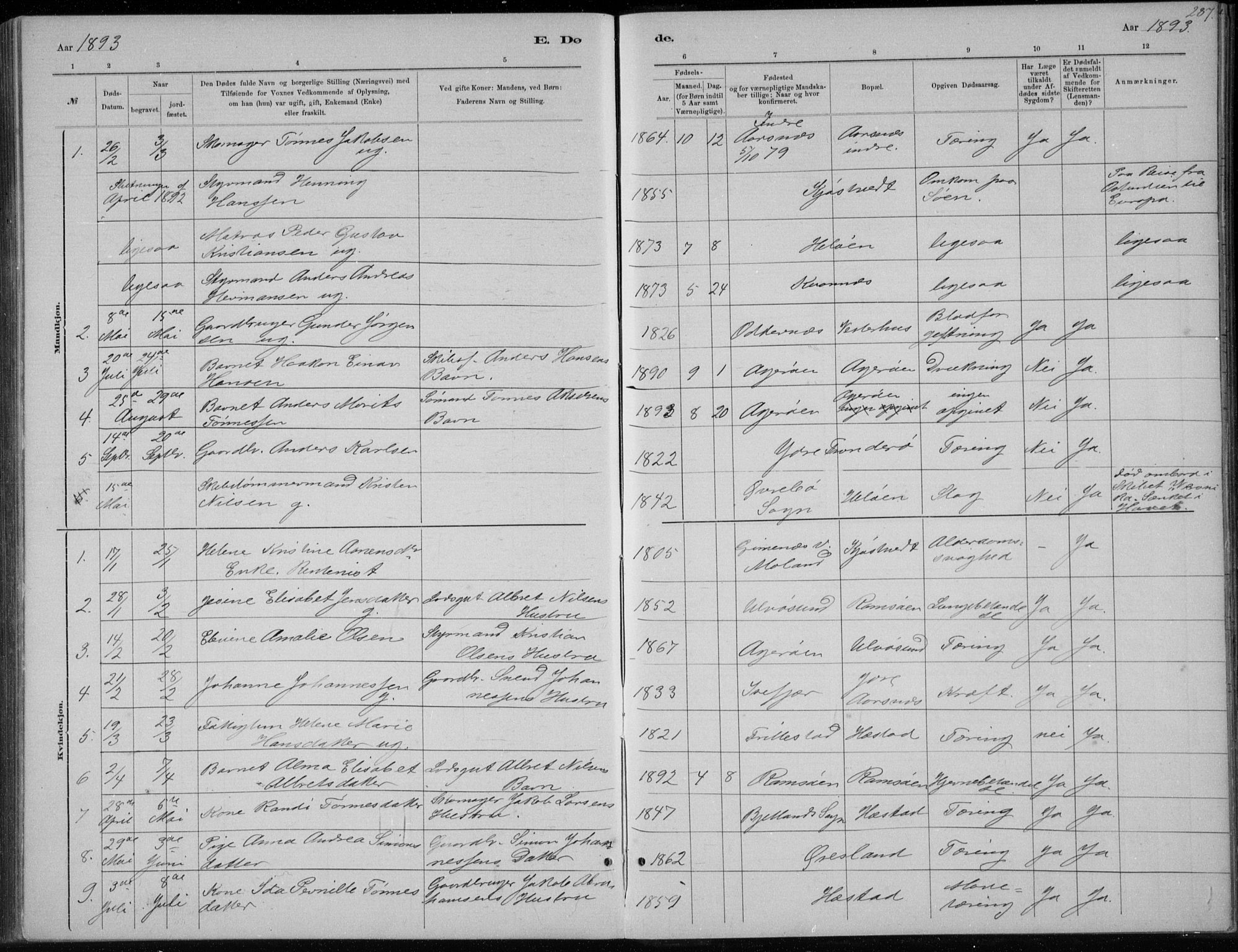 Høvåg sokneprestkontor, SAK/1111-0025/F/Fb/L0004: Parish register (copy) no. B 4, 1883-1898, p. 287