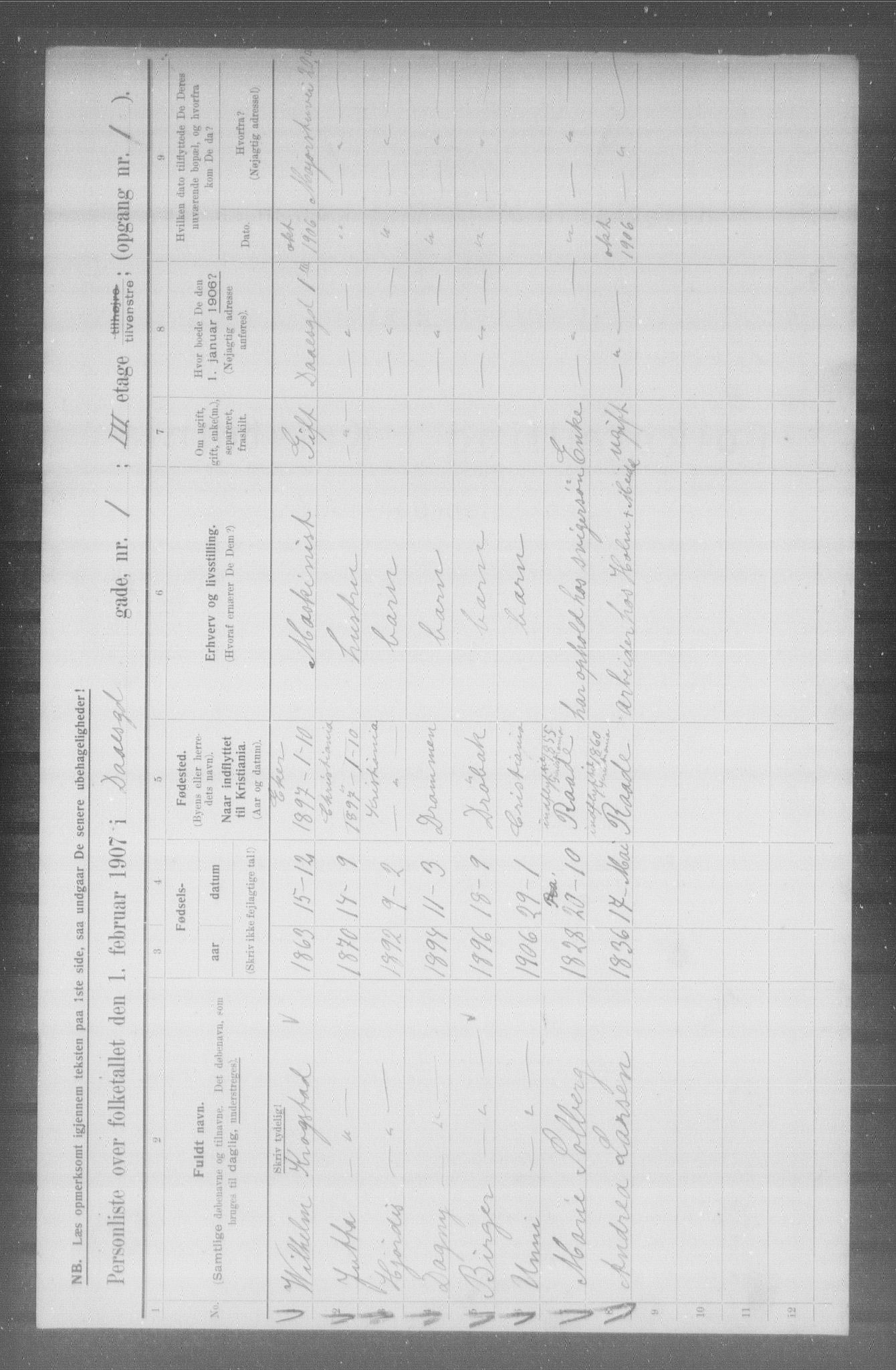 OBA, Municipal Census 1907 for Kristiania, 1907, p. 9096