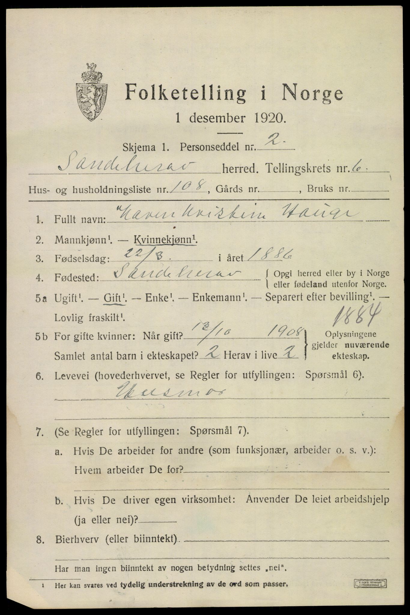 SAKO, 1920 census for Sandeherred, 1920, p. 11054
