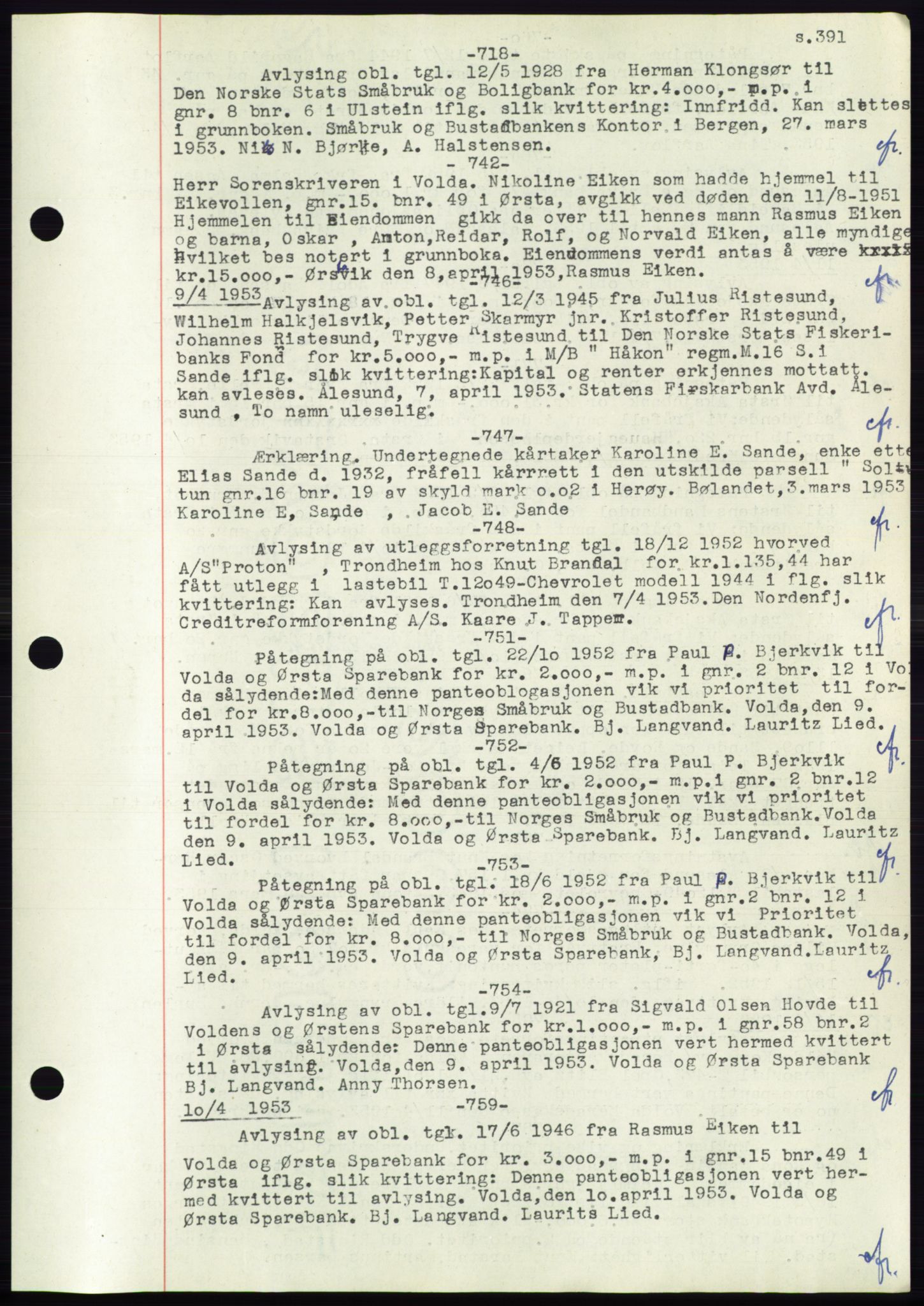 Søre Sunnmøre sorenskriveri, AV/SAT-A-4122/1/2/2C/L0072: Mortgage book no. 66, 1941-1955, Diary no: : 718/1953