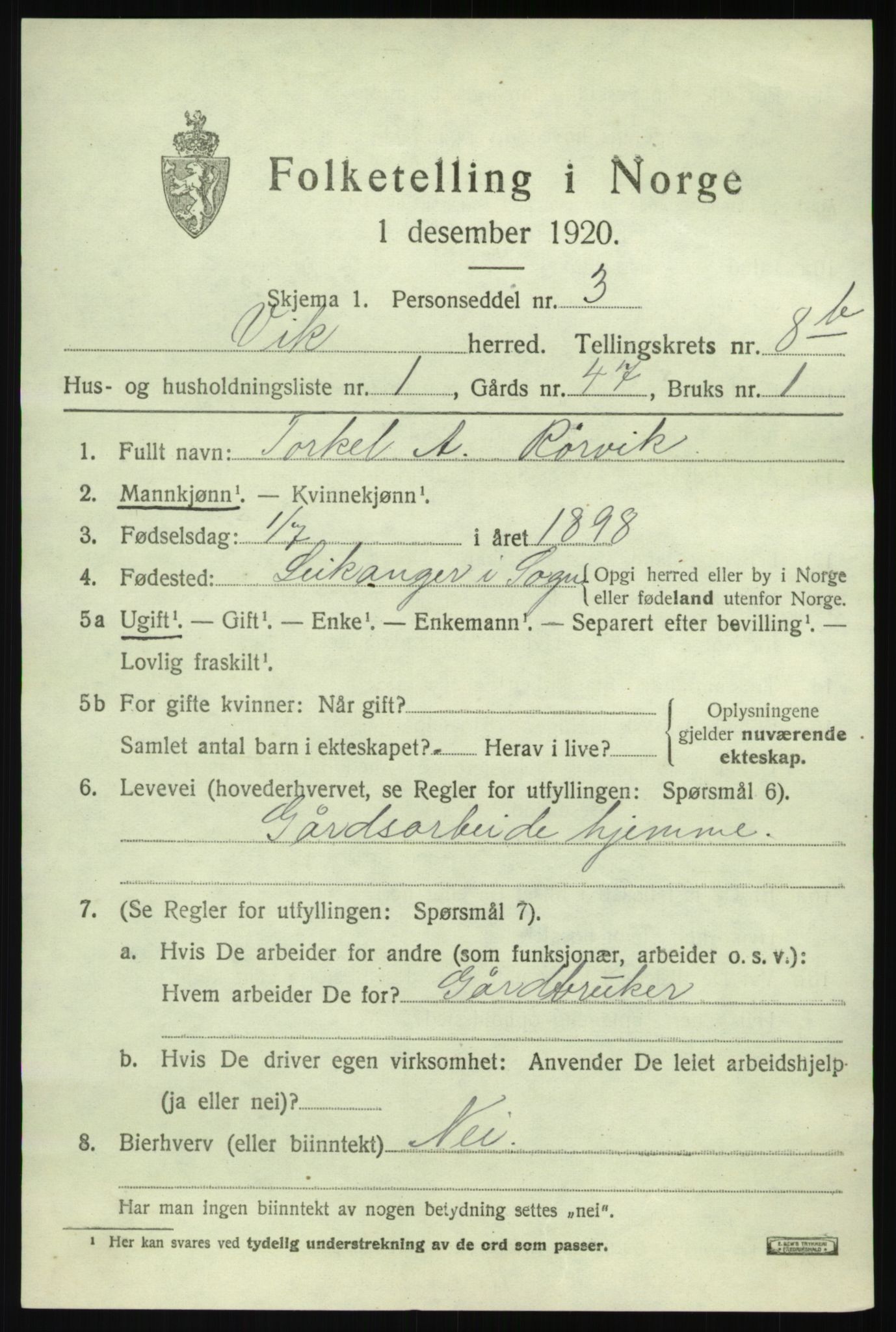 SAB, 1920 census for Vik, 1920, p. 5449