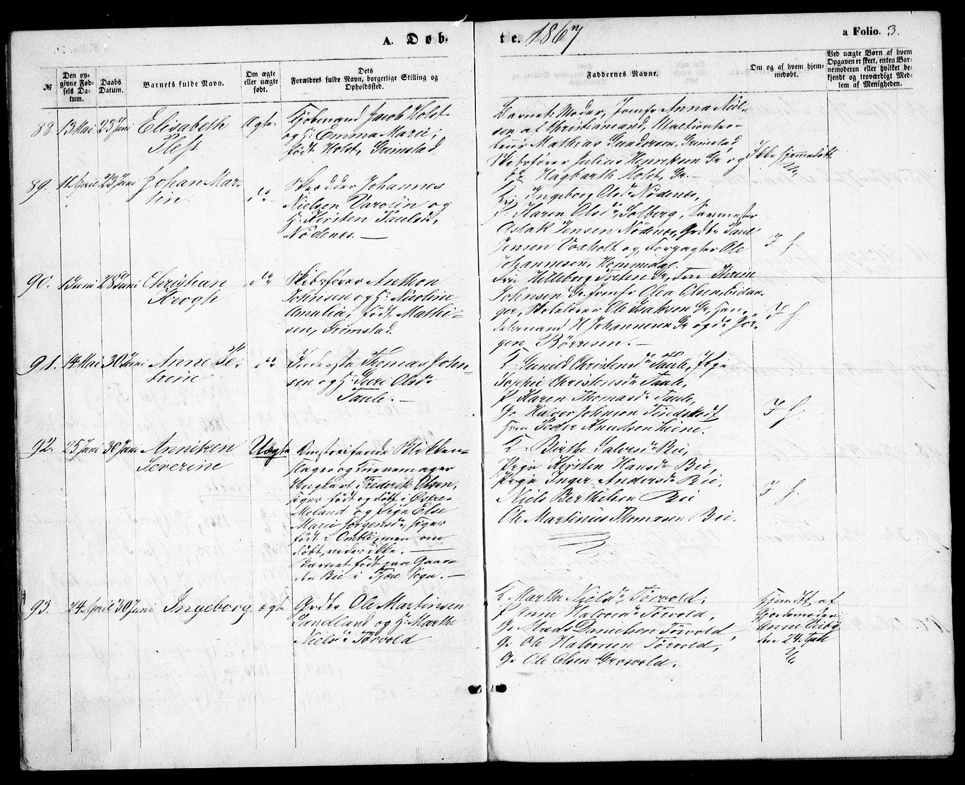 Fjære sokneprestkontor, SAK/1111-0011/F/Fb/L0009: Parish register (copy) no. B 9, 1867-1870, p. 3