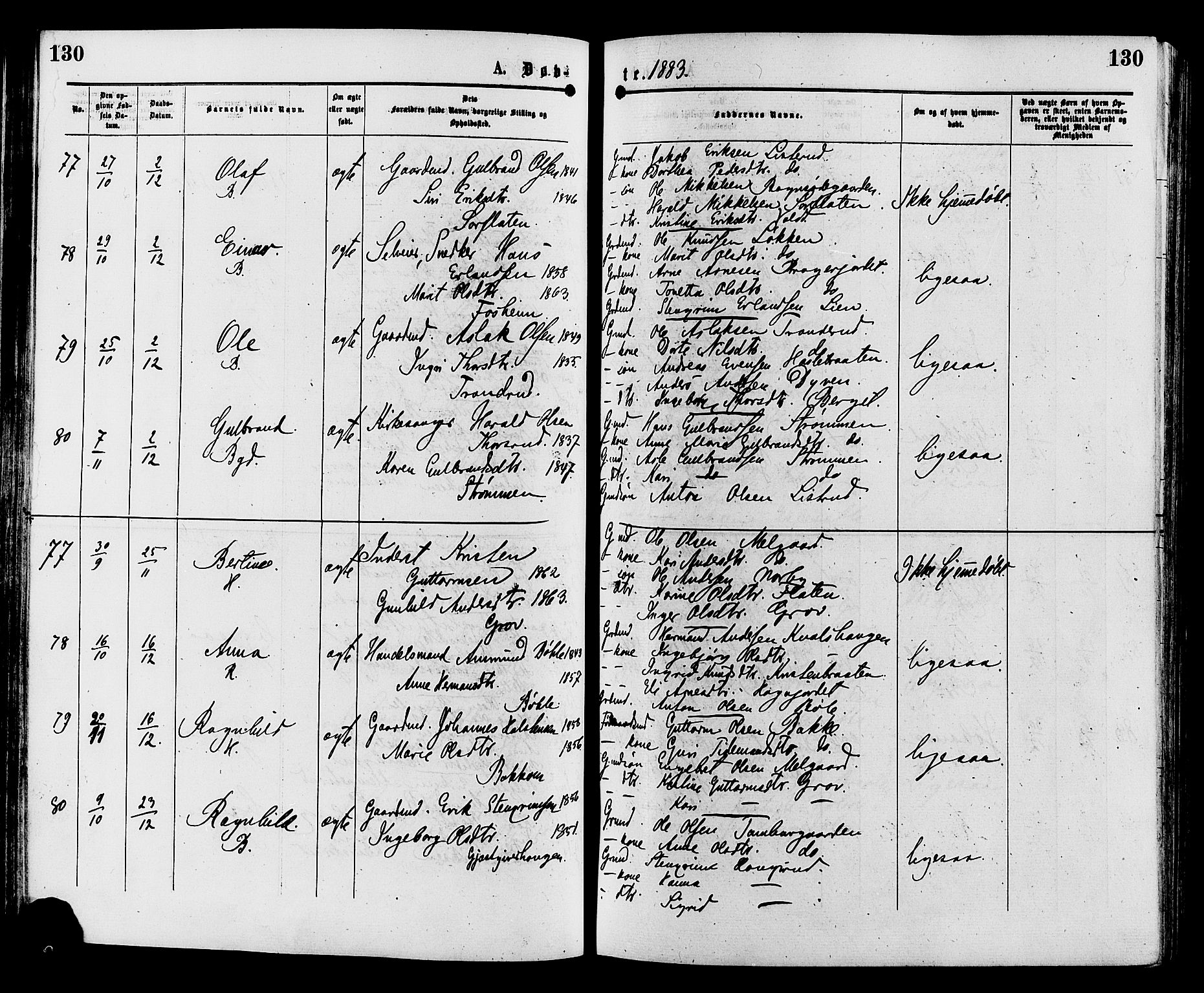 Sør-Aurdal prestekontor, AV/SAH-PREST-128/H/Ha/Haa/L0008: Parish register (official) no. 8, 1877-1885, p. 130