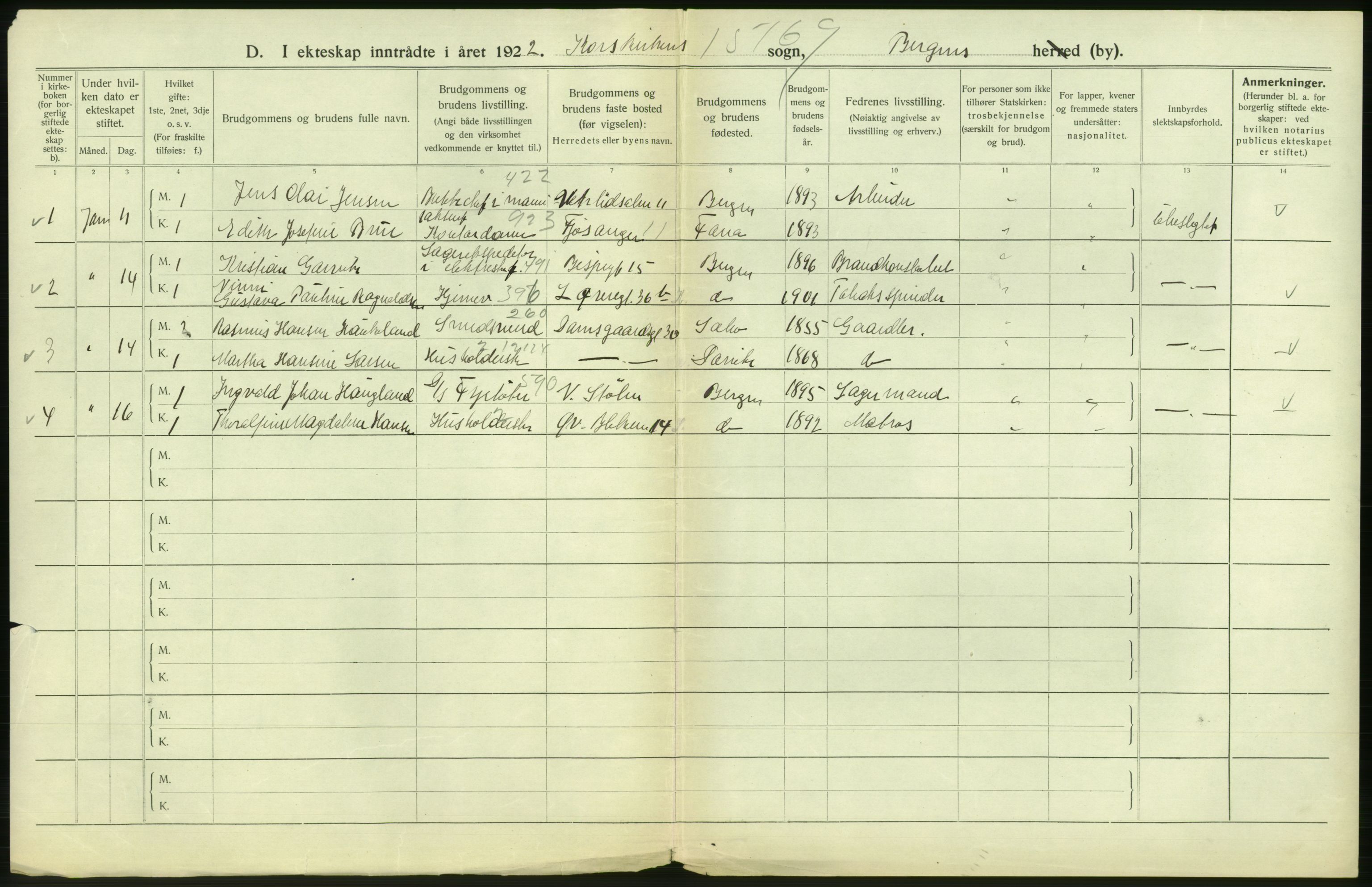 Statistisk sentralbyrå, Sosiodemografiske emner, Befolkning, AV/RA-S-2228/D/Df/Dfc/Dfcb/L0030: Bergen: Gifte, døde, dødfødte., 1922, p. 216