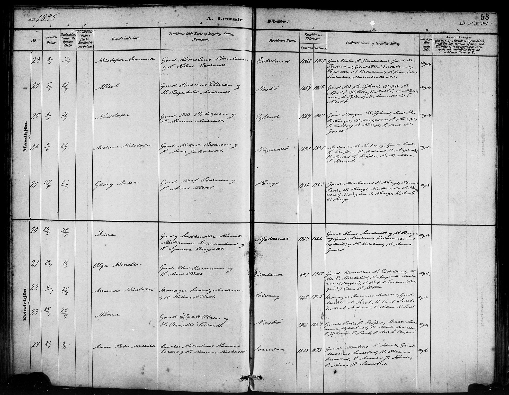 Bremanger sokneprestembete, AV/SAB-A-82201/H/Haa/Haab/L0001: Parish register (official) no. B 1, 1884-1895, p. 58