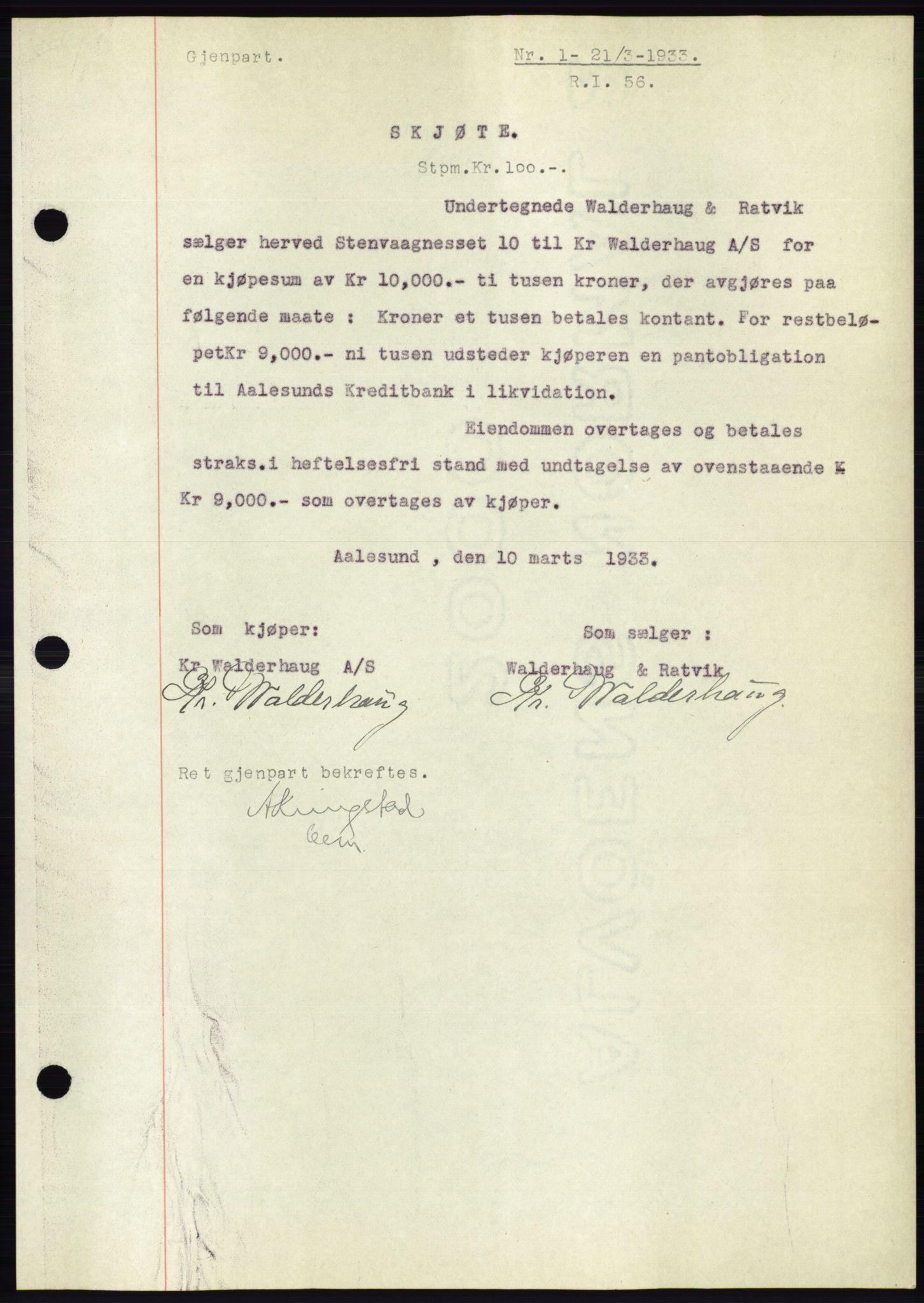 Ålesund byfogd, AV/SAT-A-4384: Mortgage book no. 30, 1932-1933, Deed date: 21.03.1933