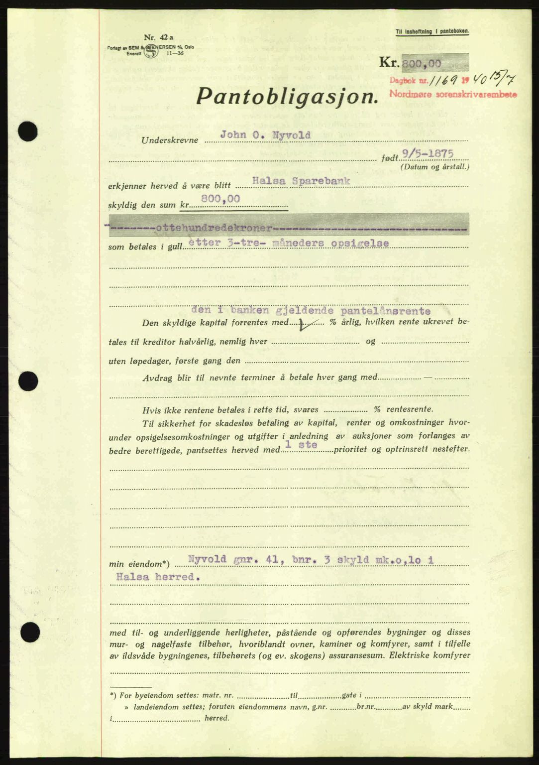 Nordmøre sorenskriveri, AV/SAT-A-4132/1/2/2Ca: Mortgage book no. B87, 1940-1941, Diary no: : 1169/1940