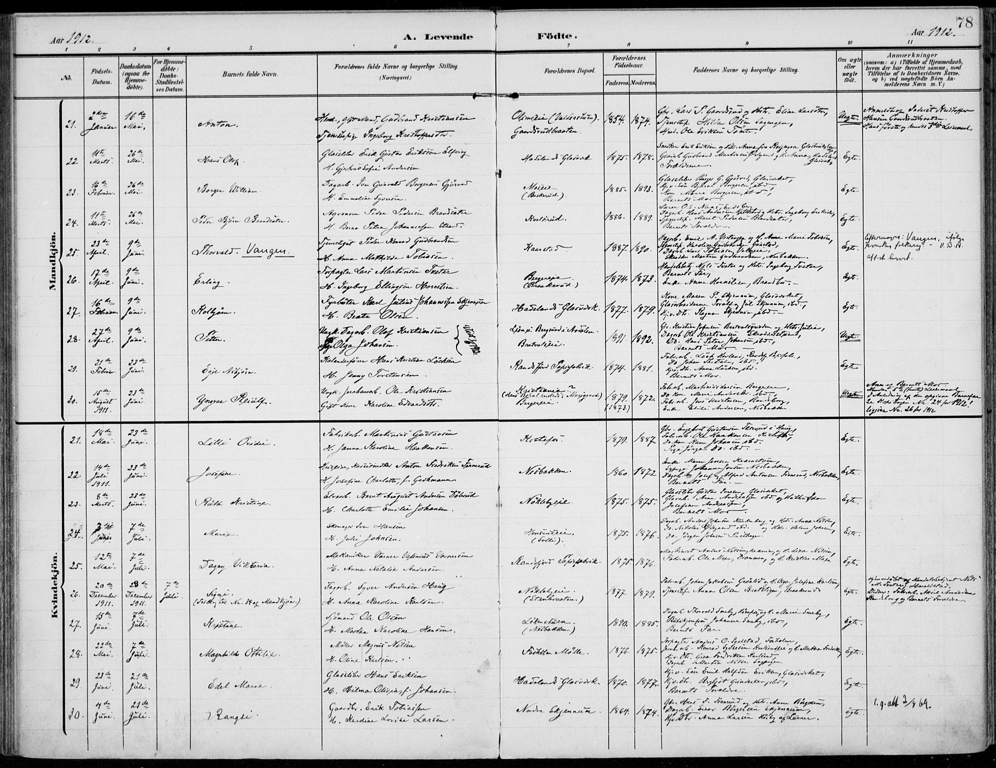 Jevnaker prestekontor, AV/SAH-PREST-116/H/Ha/Haa/L0011: Parish register (official) no. 11, 1902-1913, p. 78