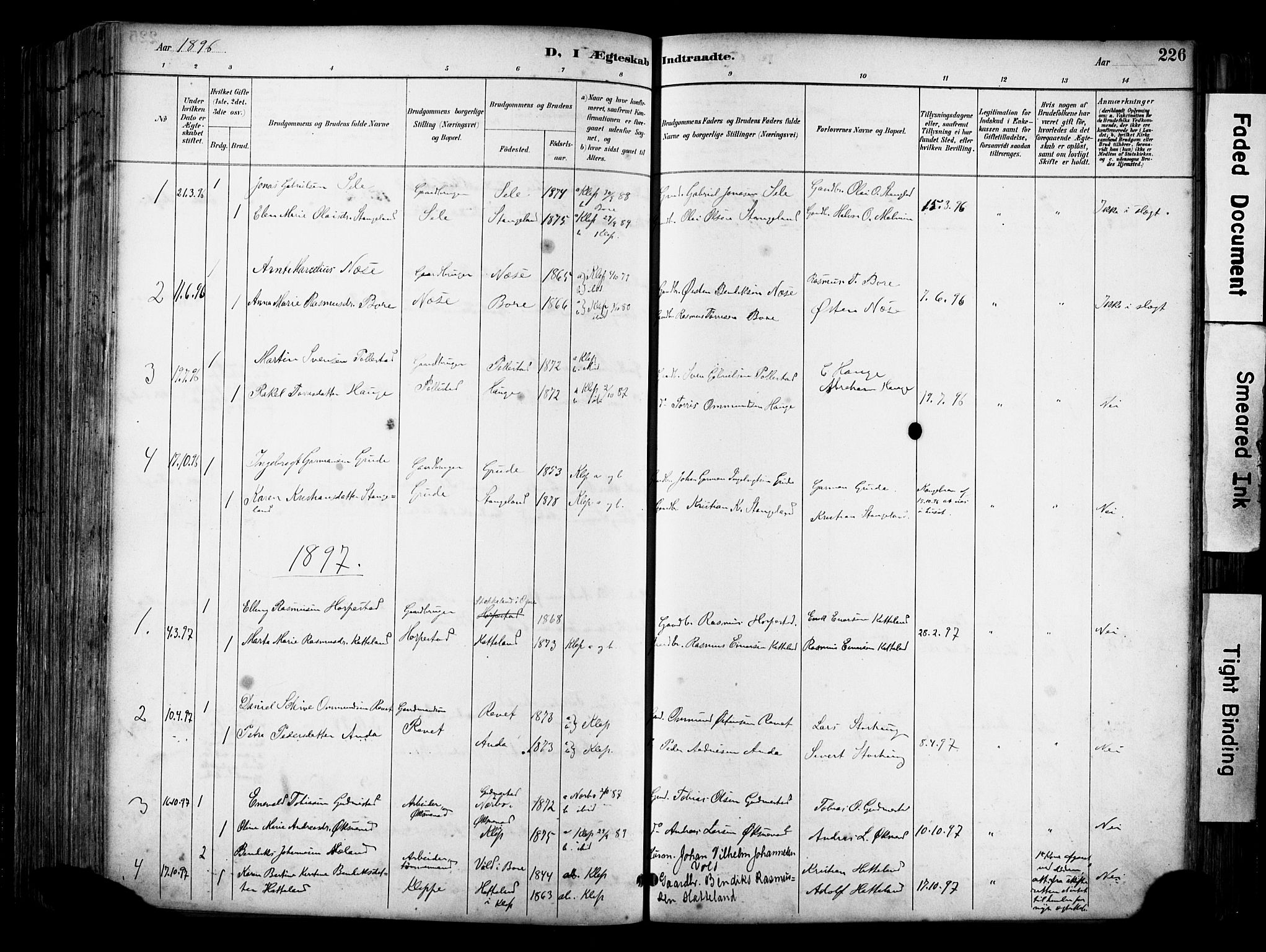 Klepp sokneprestkontor, SAST/A-101803/001/3/30BA/L0009: Parish register (official) no. A 7, 1886-1915, p. 226