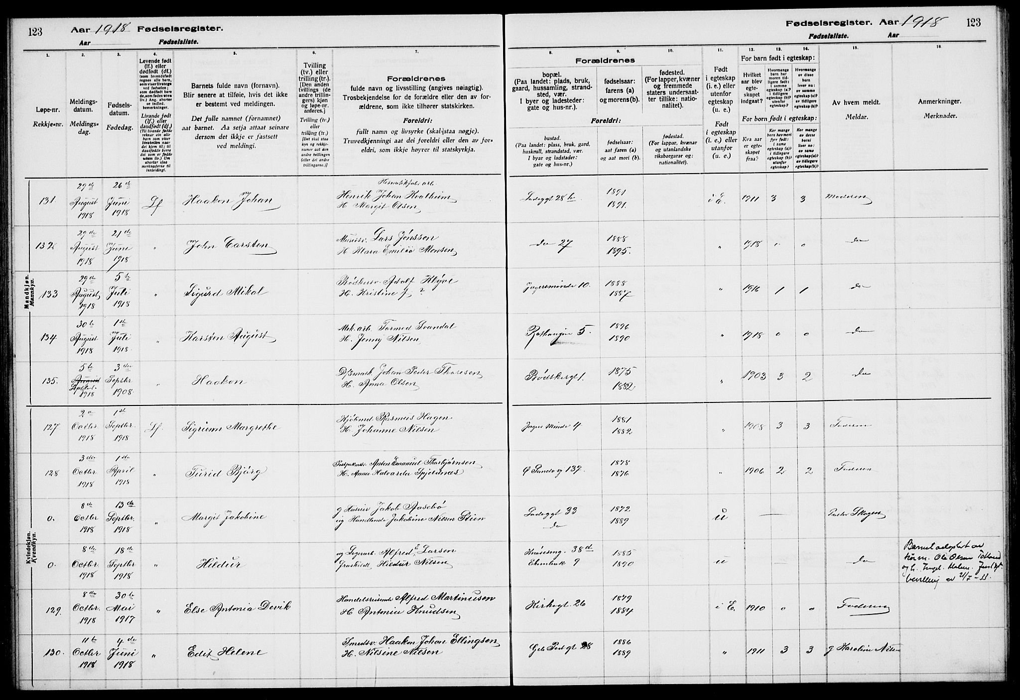 Sandviken Sokneprestembete, SAB/A-77601/I/Ib/L00A1: Birth register no. A 1, 1915-1920, p. 123