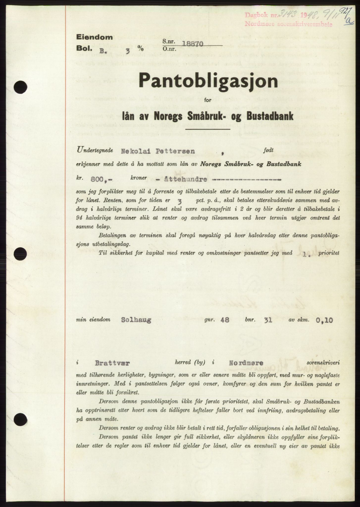 Nordmøre sorenskriveri, AV/SAT-A-4132/1/2/2Ca: Mortgage book no. B99, 1948-1948, Diary no: : 3143/1948