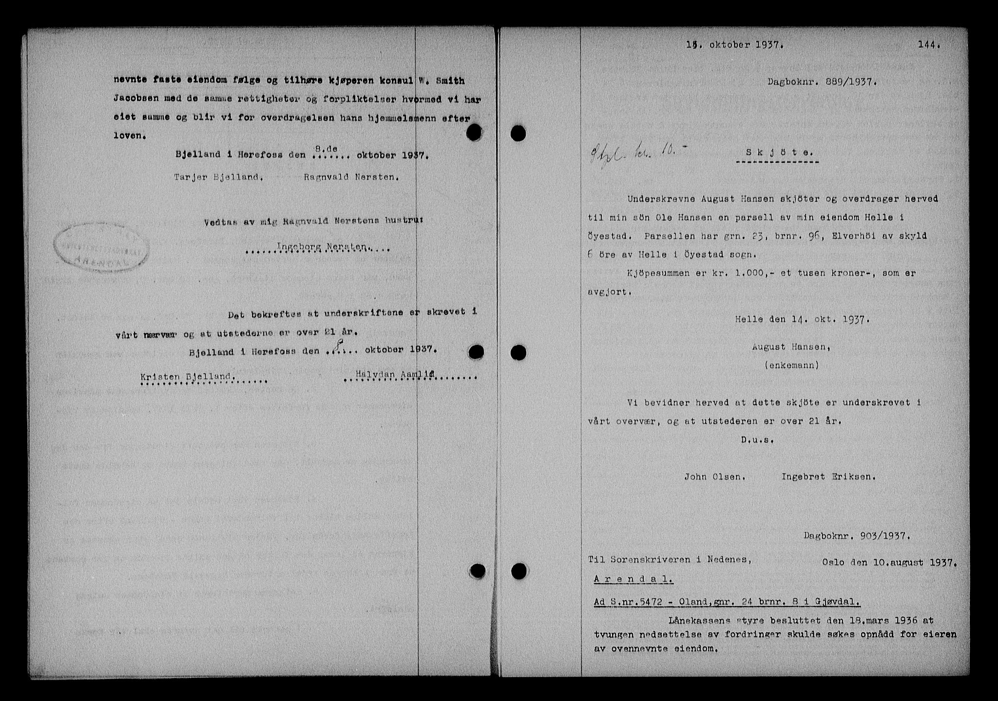 Nedenes sorenskriveri, SAK/1221-0006/G/Gb/Gba/L0044: Mortgage book no. 40, 1937-1938, Diary no: : 889/1937