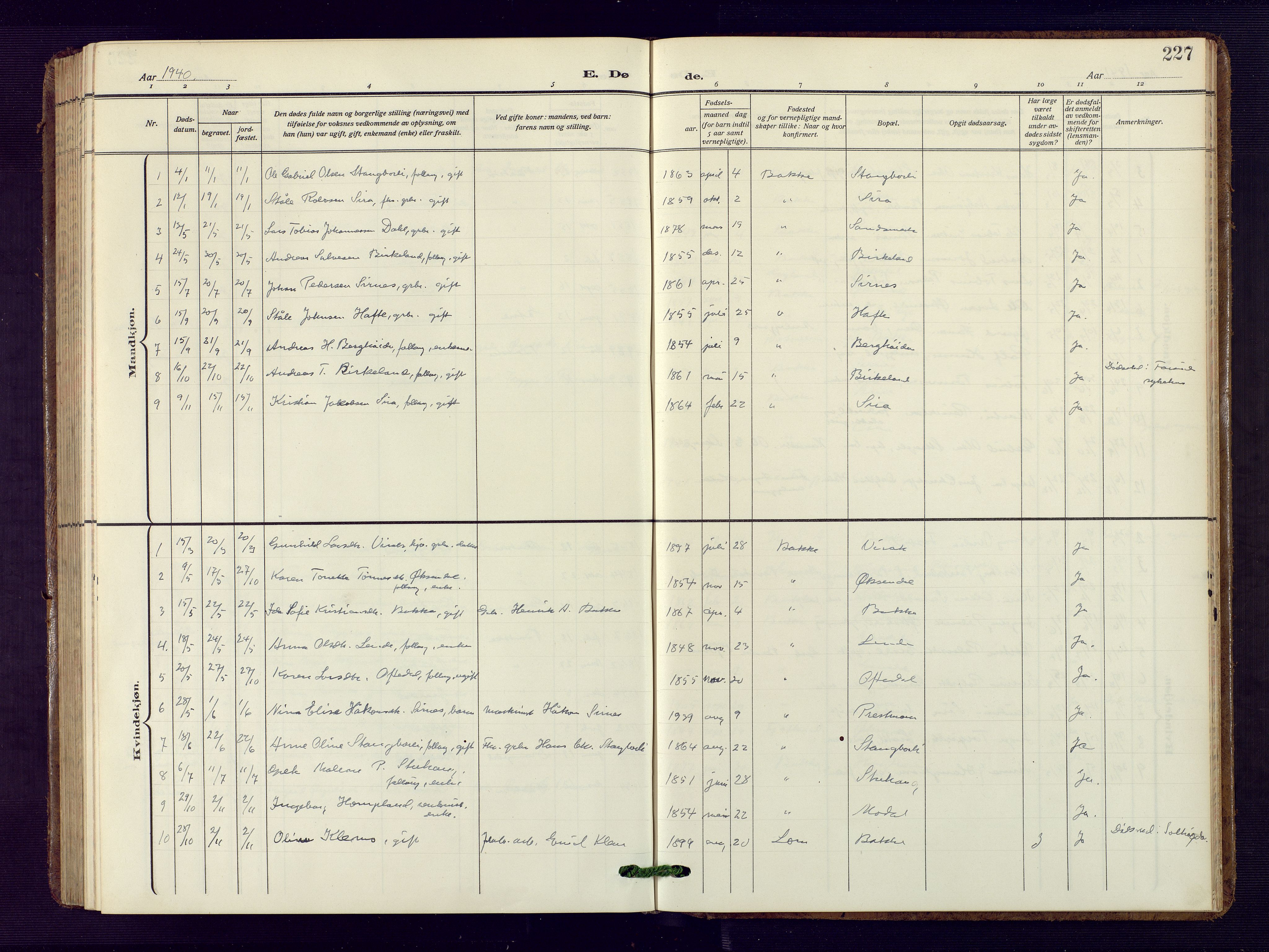 Bakke sokneprestkontor, SAK/1111-0002/F/Fb/Fba/L0004: Parish register (copy) no. B 4, 1911-1946, p. 227