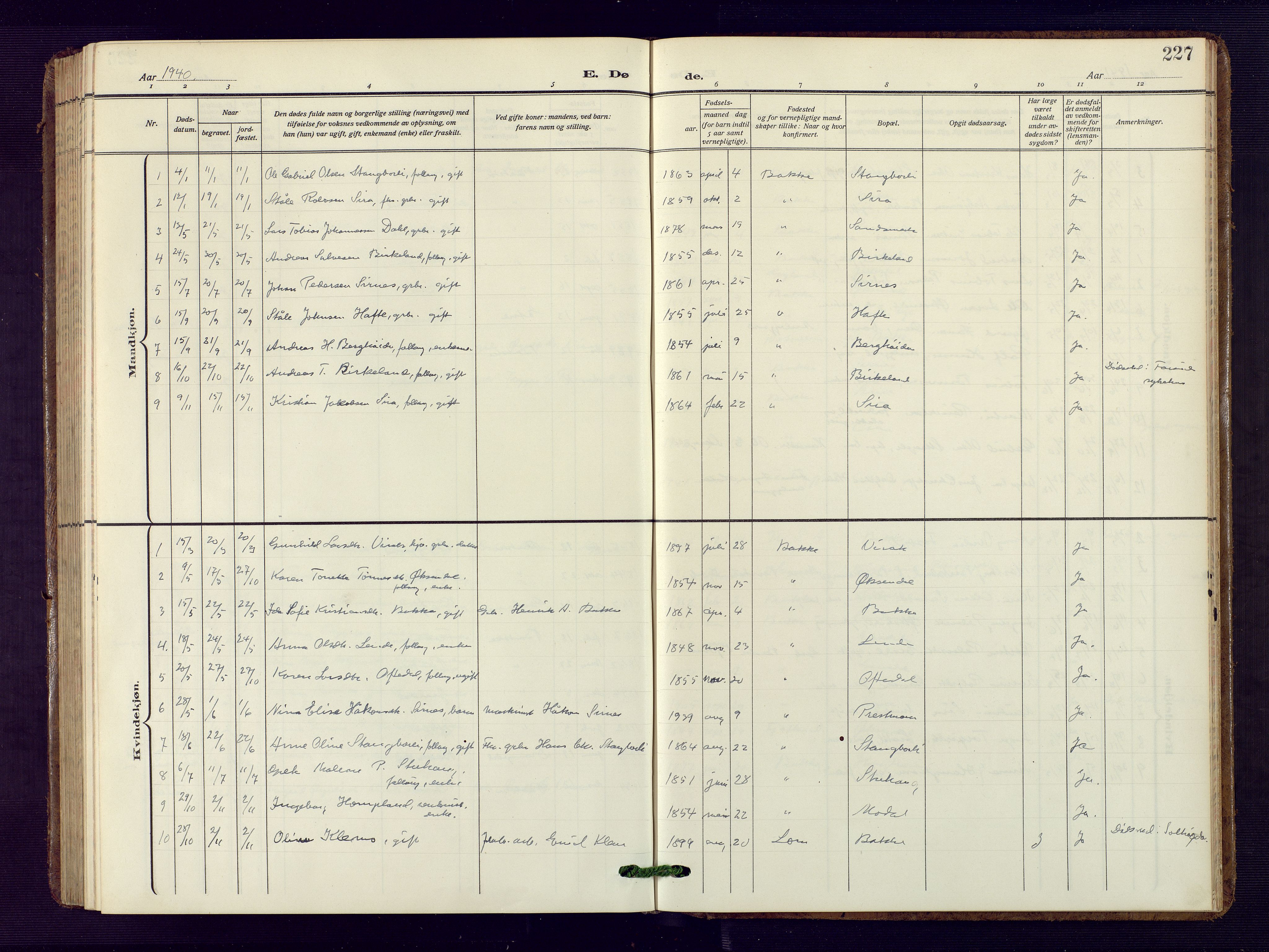 Bakke sokneprestkontor, AV/SAK-1111-0002/F/Fb/Fba/L0004: Parish register (copy) no. B 4, 1911-1946, p. 227