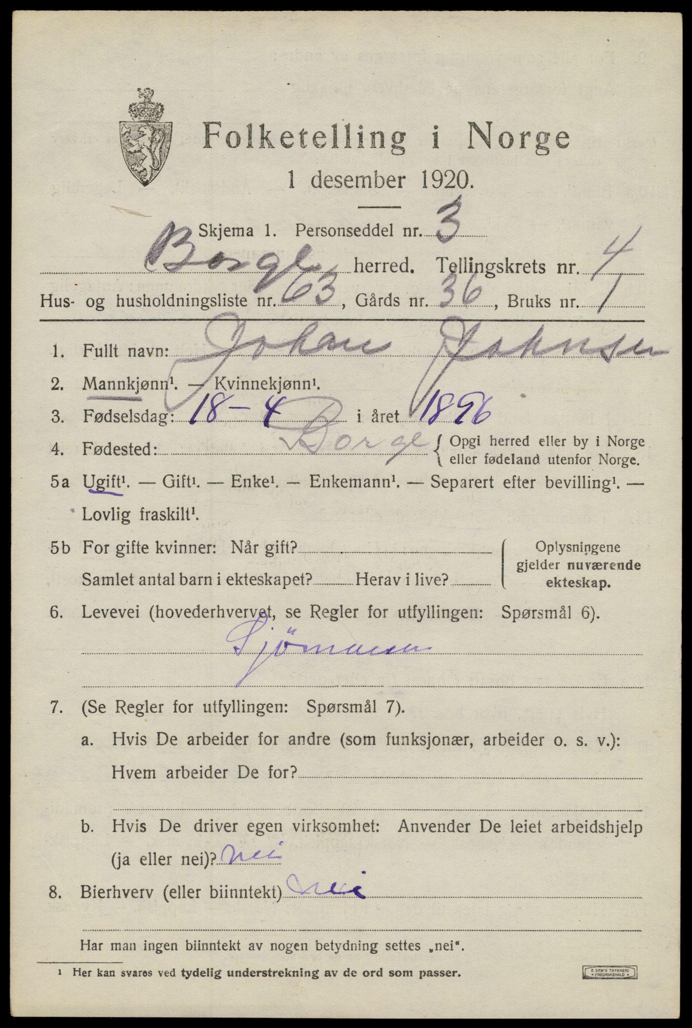 SAT, 1920 census for Borge, 1920, p. 5063