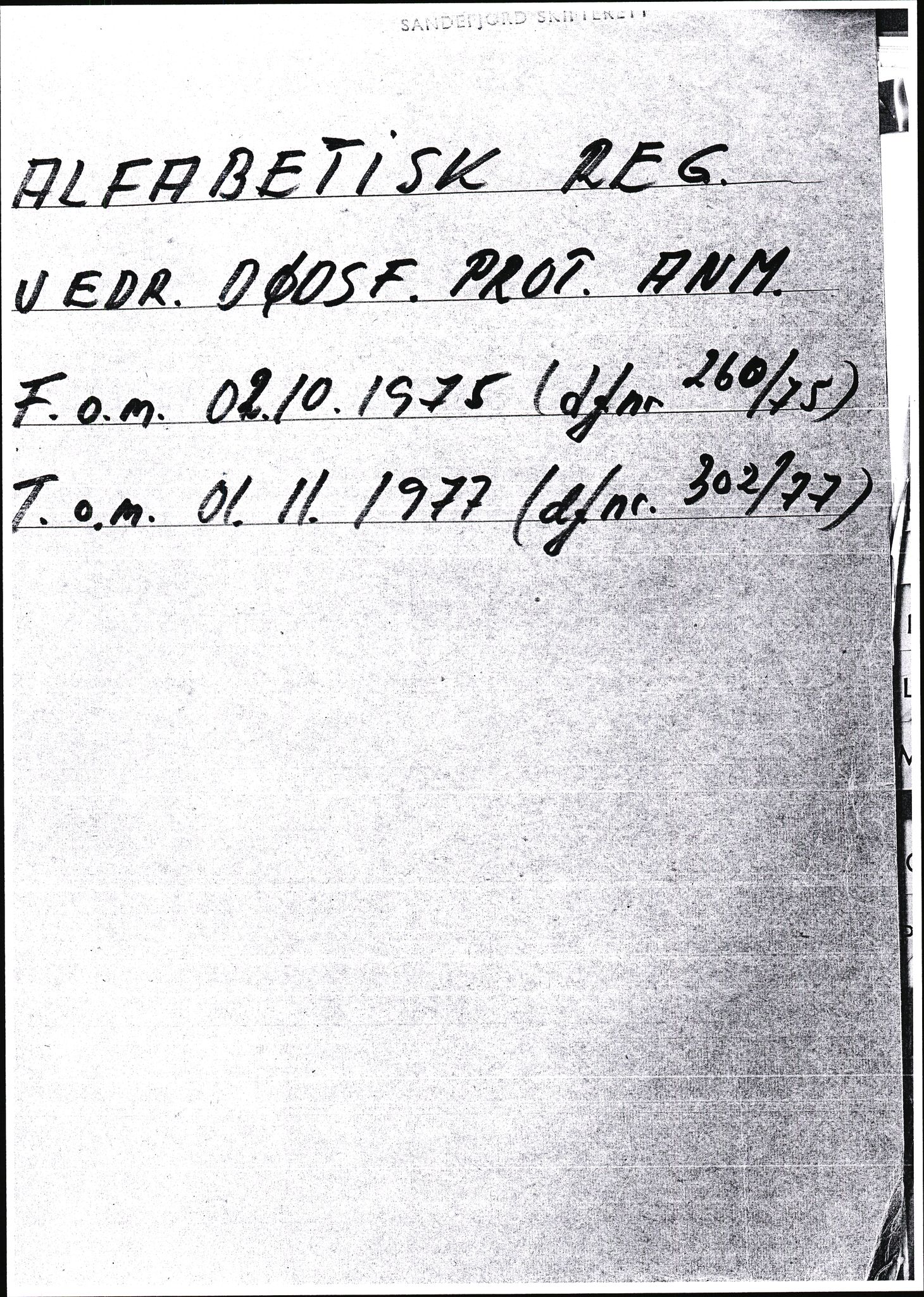 Sandefjord byfogd - 2 , SAKO/A-1231/H/Hb/Hbc/L0001/0002: Registre til dødsfallsprotokollen m.m / Alfabetisk register vedrørende dødsfallsprotokoll for Sandefjord, 1975-1977
