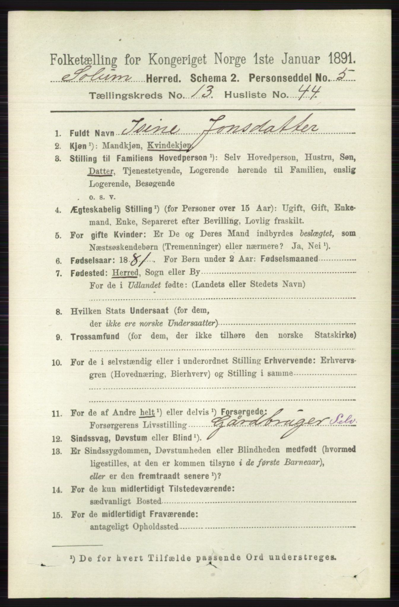 RA, 1891 census for 0818 Solum, 1891, p. 6279