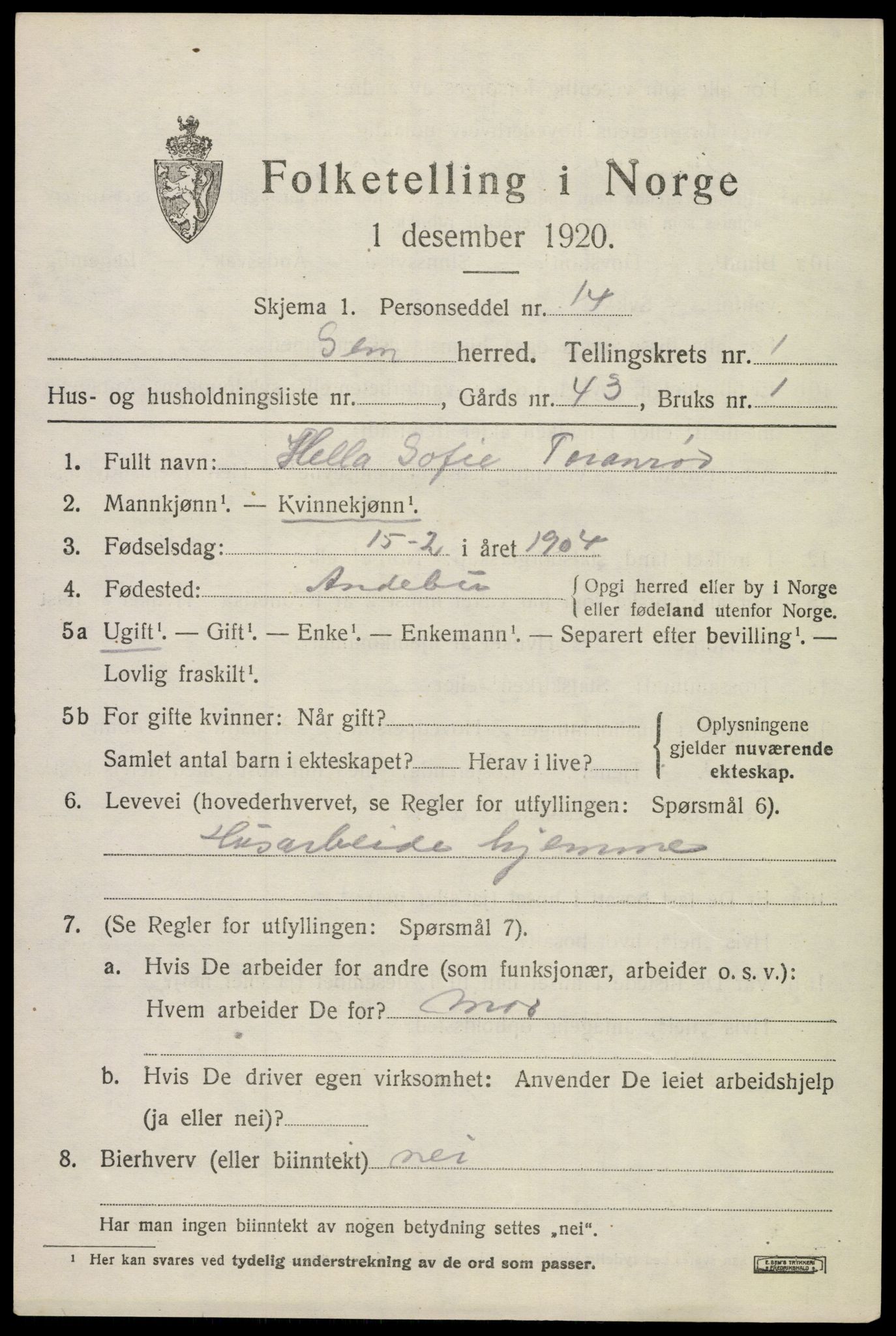SAKO, 1920 census for Sem, 1920, p. 3585