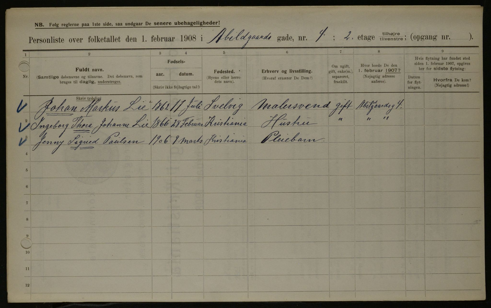 OBA, Municipal Census 1908 for Kristiania, 1908, p. 19