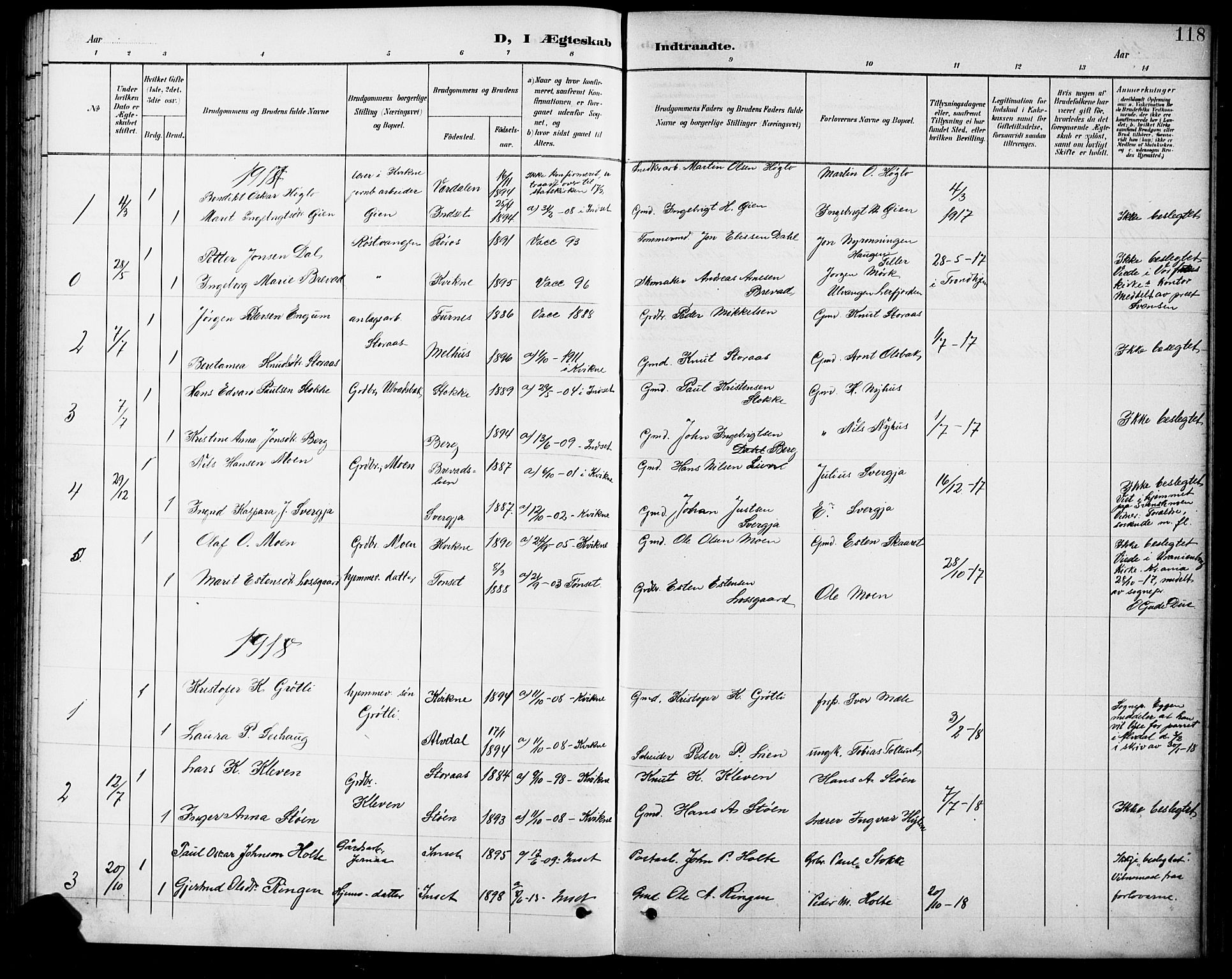 Kvikne prestekontor, SAH/PREST-064/H/Ha/Hab/L0003: Parish register (copy) no. 3, 1896-1918, p. 118